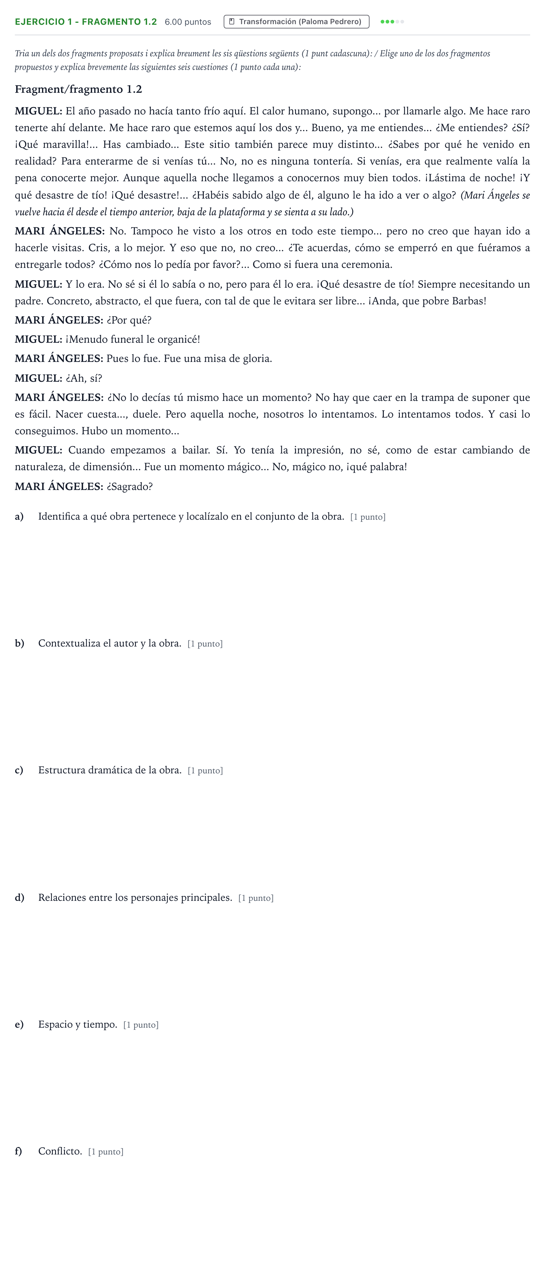 Enunciado: Ejercicio 1 - Fragmento 1.2 · Literatura Dramática PAU Valencia Ordinaria 2025