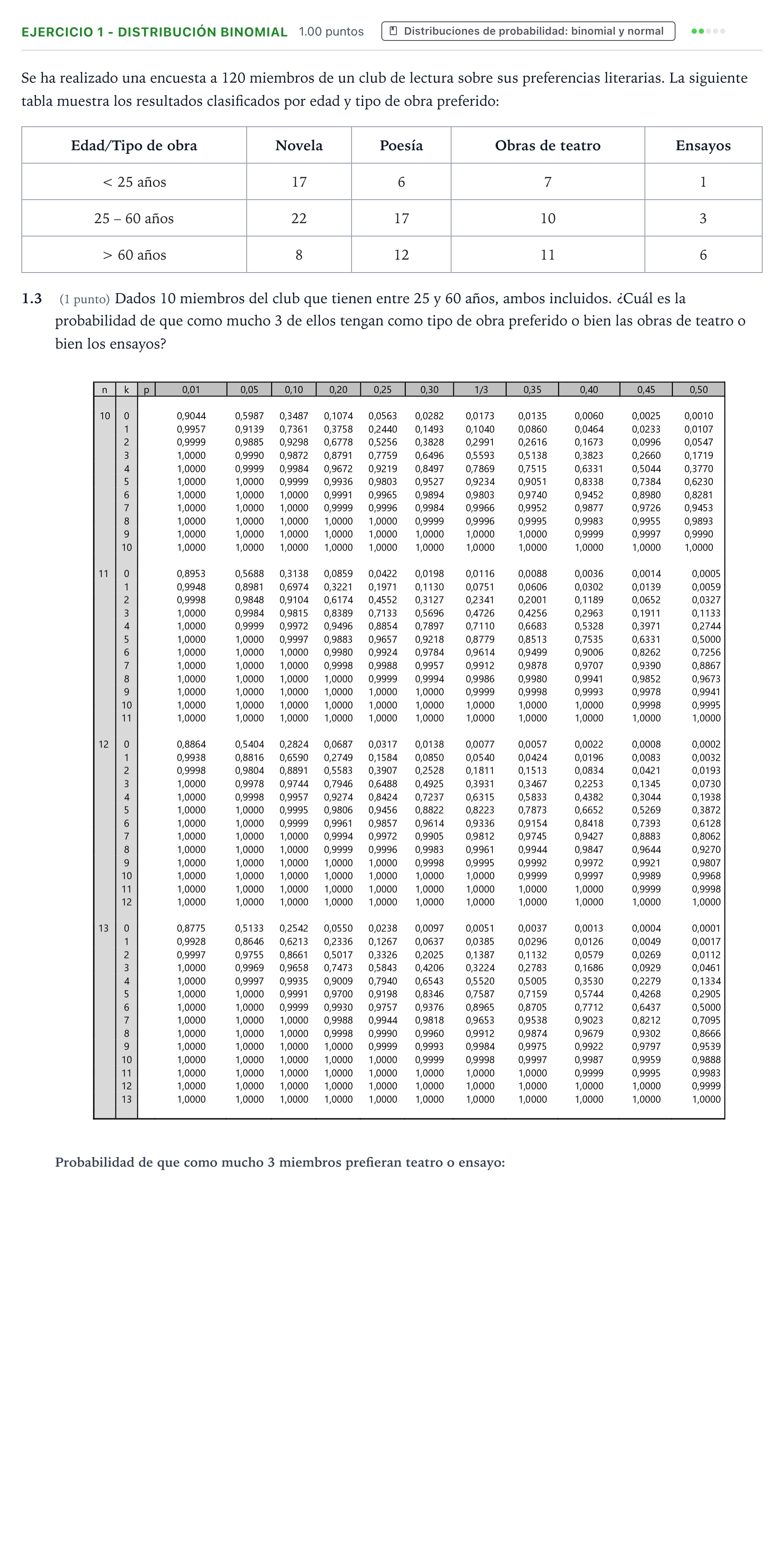 Enunciado: Ejercicio 1 - Distribución binomial · Matemáticas II PAU Valencia Extraordinaria solapamiento 2025