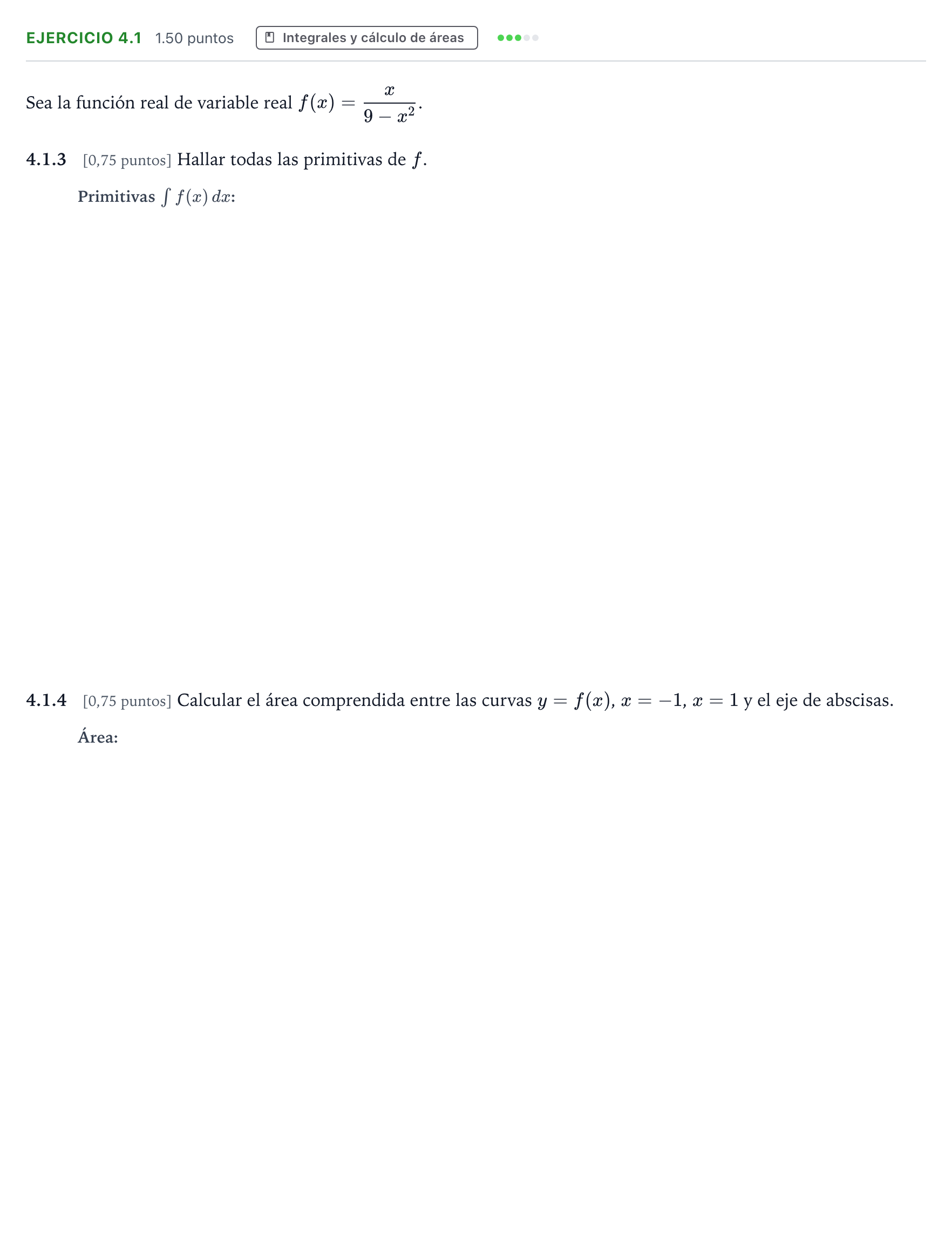 Enunciado: Ejercicio 4.1 - Integrales · Matemáticas II PAU Valencia Extraordinaria solapamiento 2025