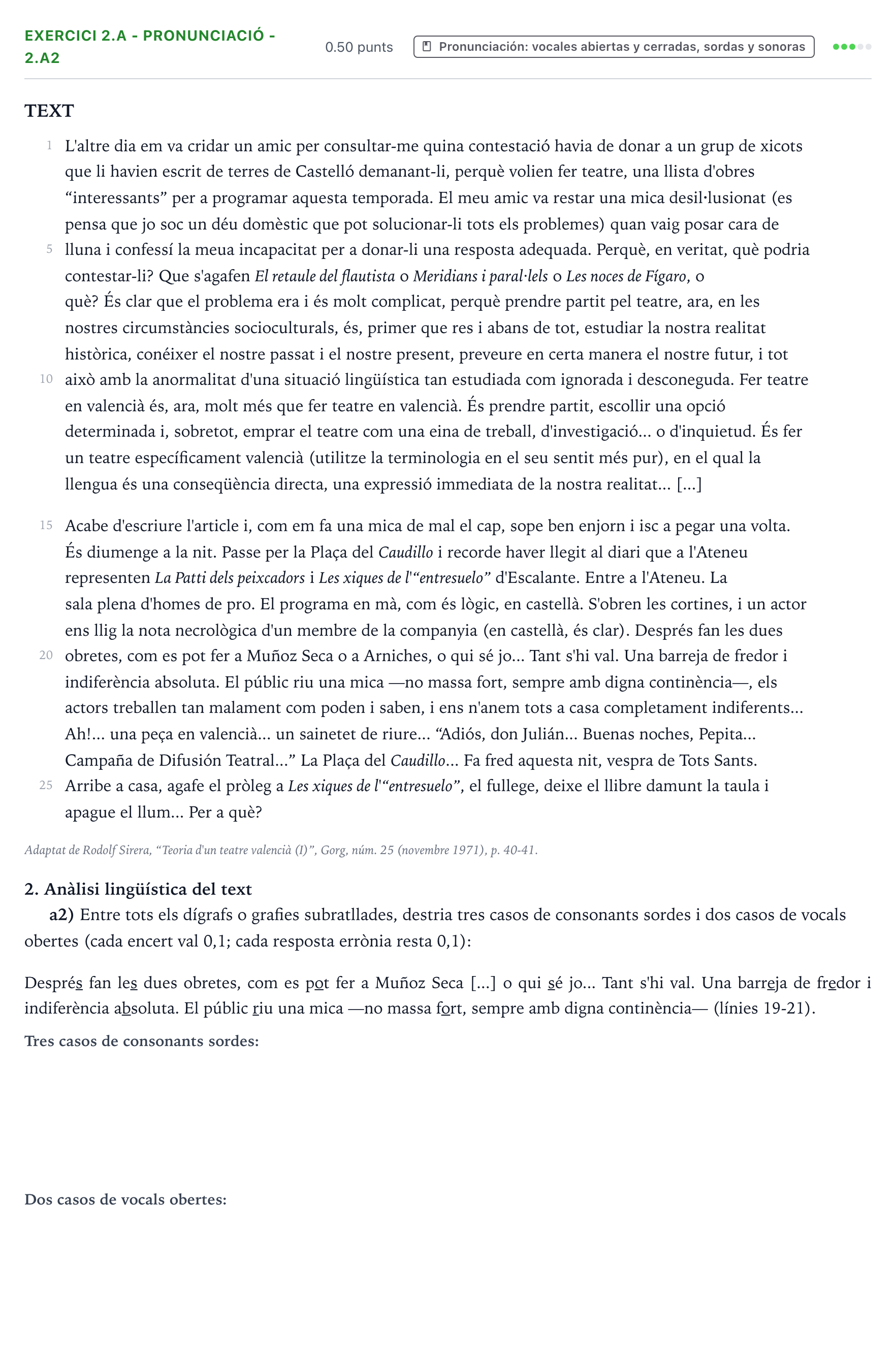 Enunciado: Ejercicio 2.a - Pronunciació - 2.a2 · Lengua Valenciana y Literatura II PAU Valencia Extraordinaria DANA 2025