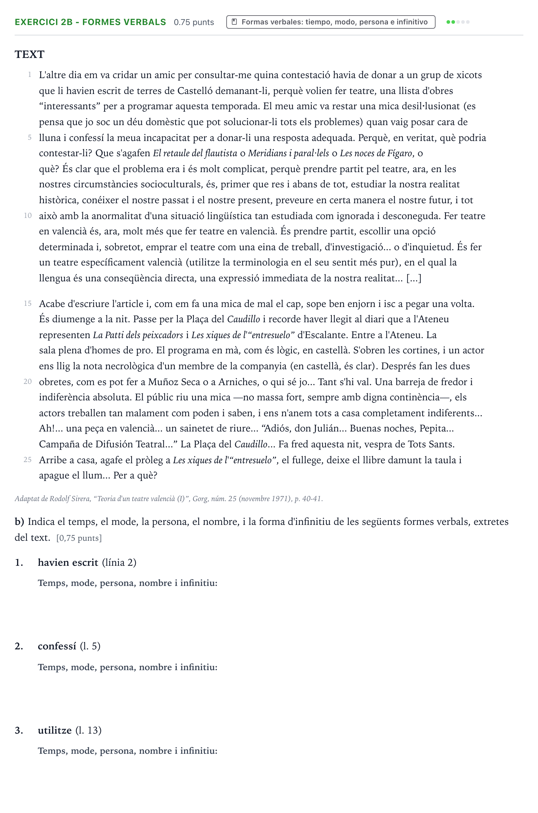 Enunciado: Ejercicio 2b - Formes verbals · Lengua Valenciana y Literatura II PAU Valencia Extraordinaria DANA 2025