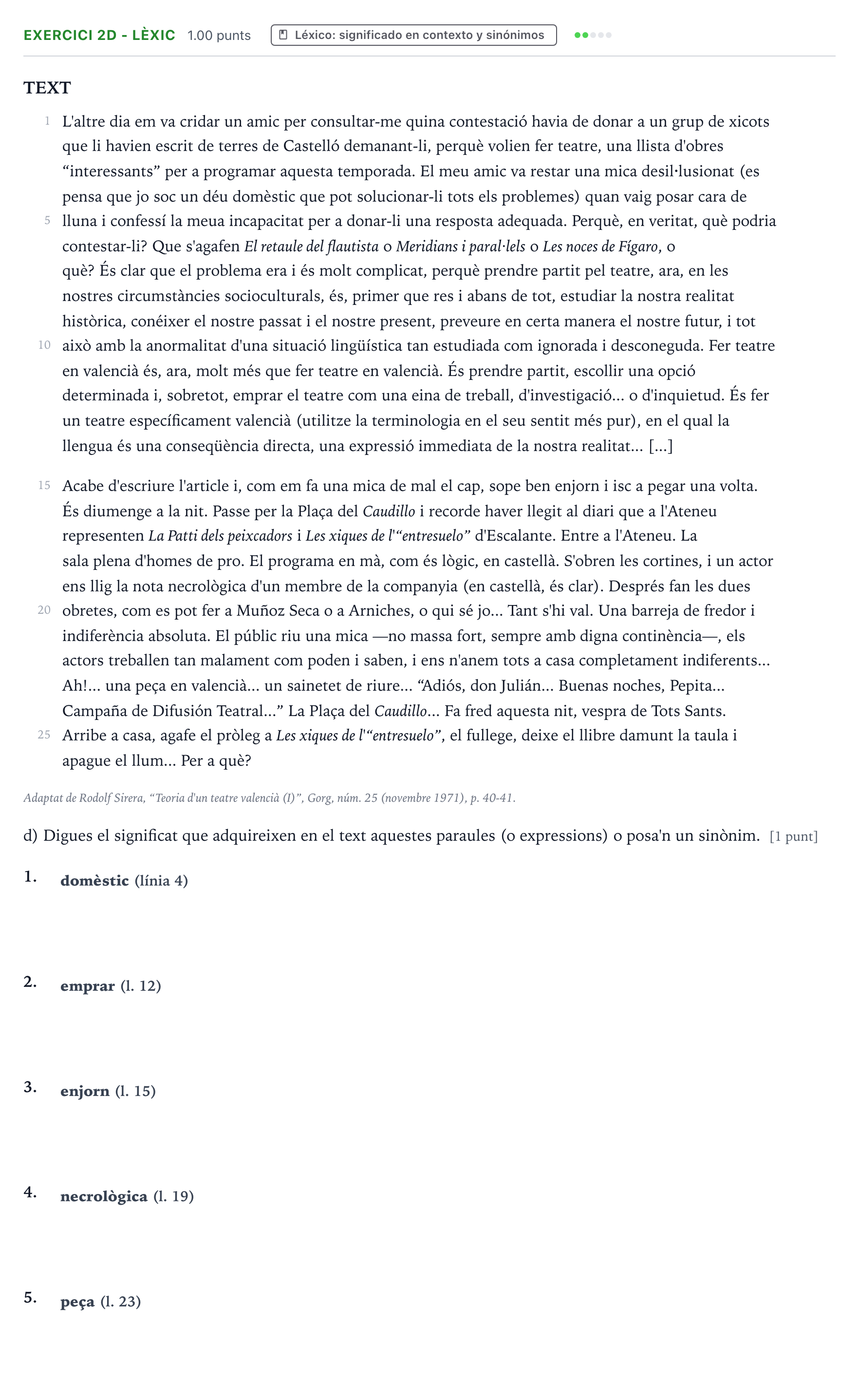Enunciado: Ejercicio 2d - Lèxic · Lengua Valenciana y Literatura II PAU Valencia Extraordinaria DANA 2025