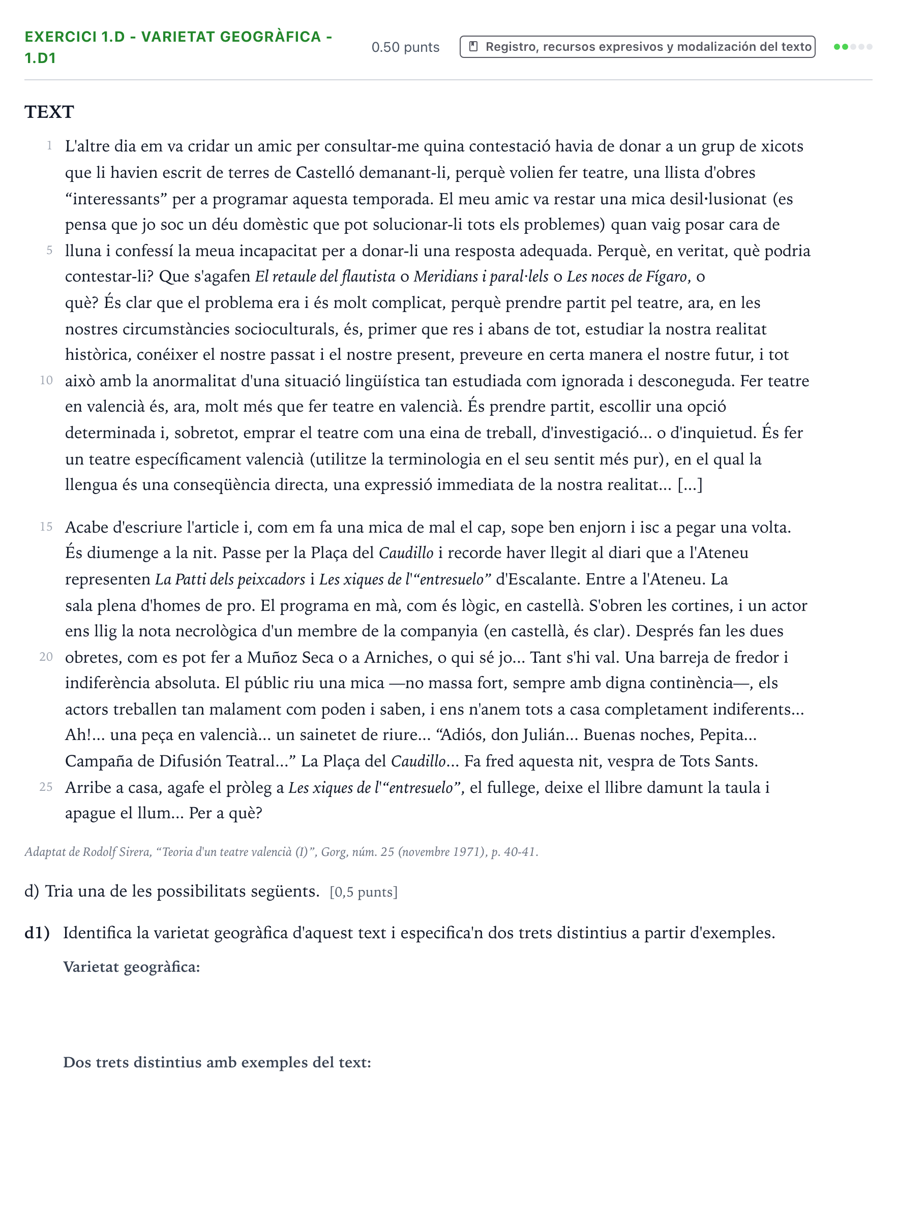 Enunciado: Ejercicio 1.d - Varietat geogràfica - 1.d1 · Lengua Valenciana y Literatura II PAU Valencia Extraordinaria DANA 2025