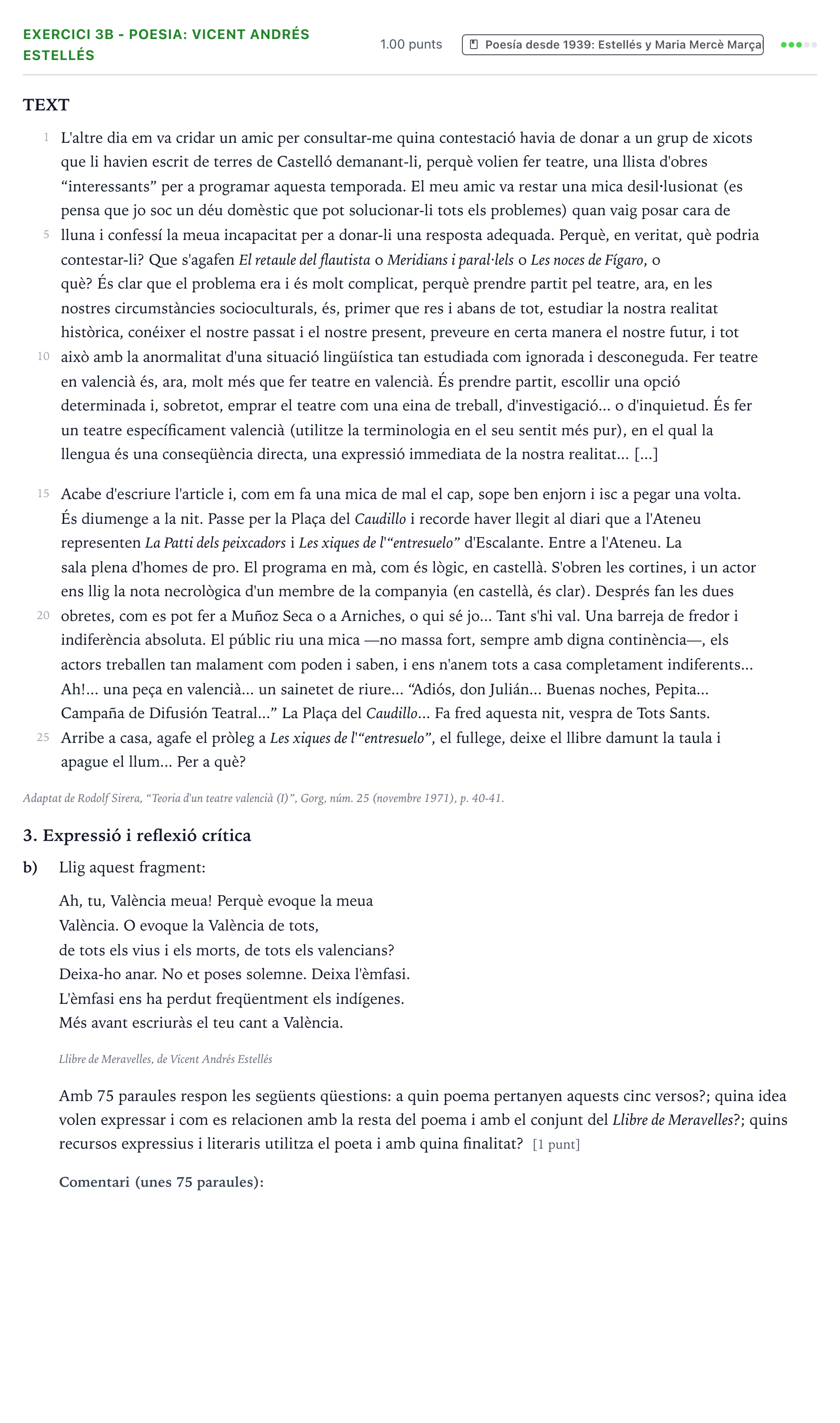 Enunciado: Ejercicio 3b - Poesia: Vicent Andrés Estellés · Lengua Valenciana y Literatura II PAU Valencia Extraordinaria DANA 2025