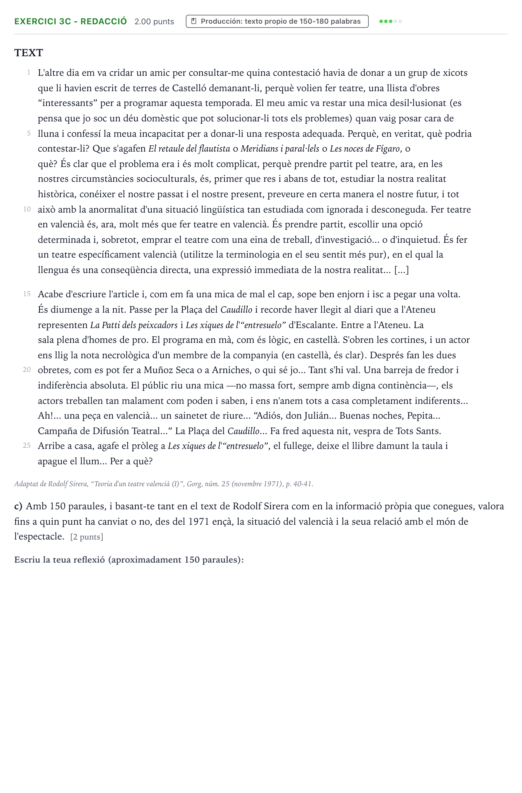 Enunciado: Ejercicio 3c - Redacció · Lengua Valenciana y Literatura II PAU Valencia Extraordinaria DANA 2025