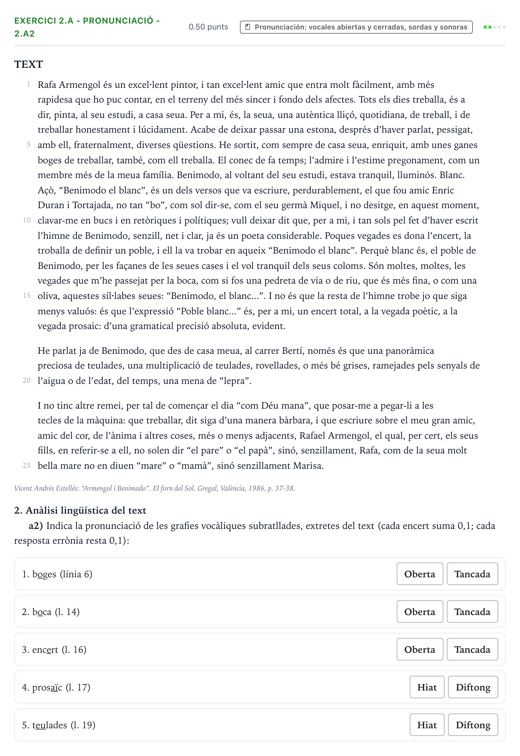 Enunciado: Ejercicio 2.a - Pronunciació - 2.a2 · Lengua Valenciana y Literatura II PAU Valencia Extraordinaria 2025