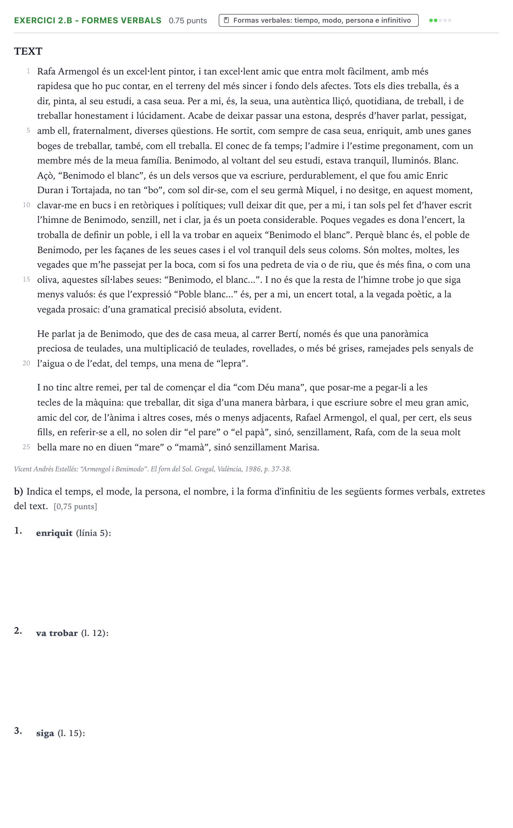 Enunciado: Ejercicio 2.b - Formes verbals · Lengua Valenciana y Literatura II PAU Valencia Extraordinaria 2025