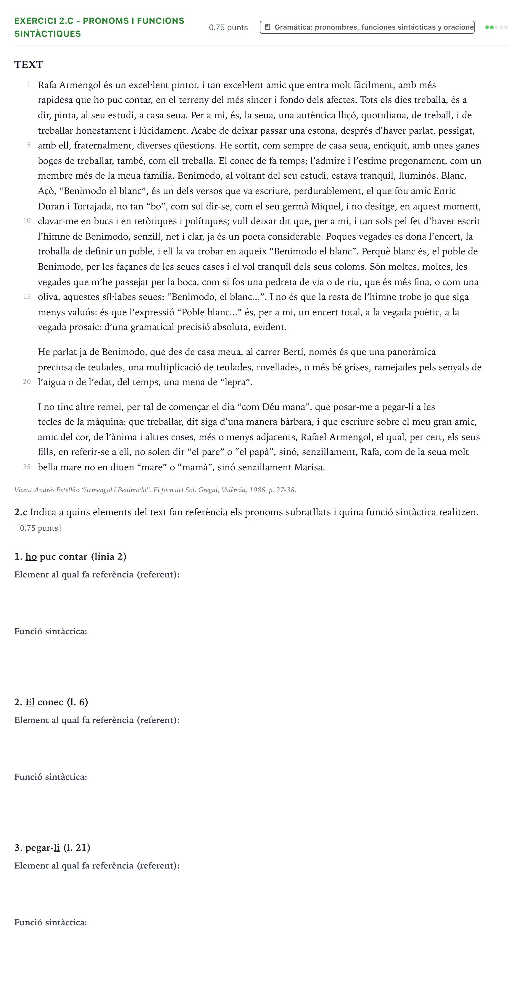 Enunciado: Ejercicio 2.c - Pronoms i funcions sintàctiques · Lengua Valenciana y Literatura II PAU Valencia Extraordinaria 2025