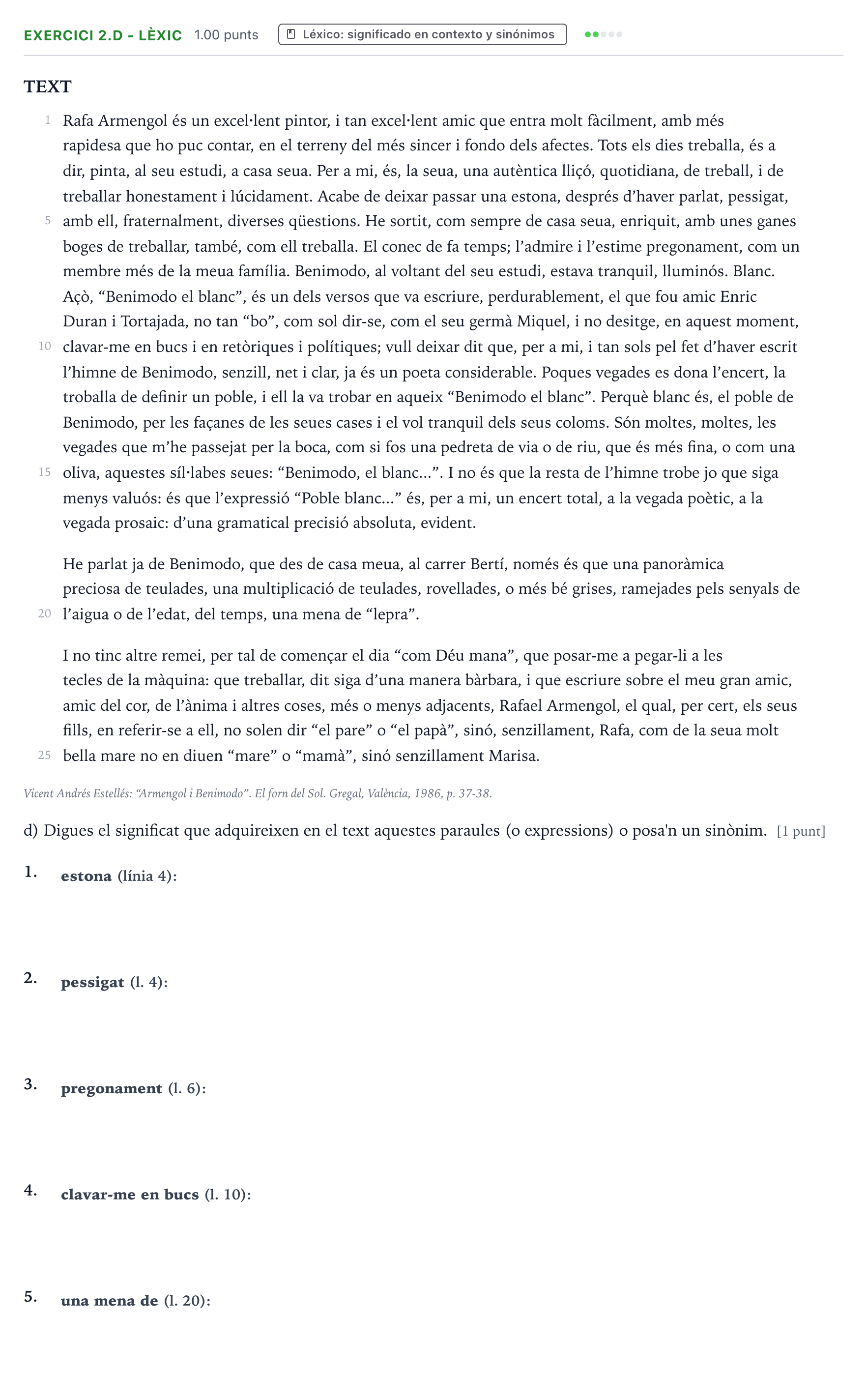 Enunciado: Ejercicio 2.d - Lèxic · Lengua Valenciana y Literatura II PAU Valencia Extraordinaria 2025
