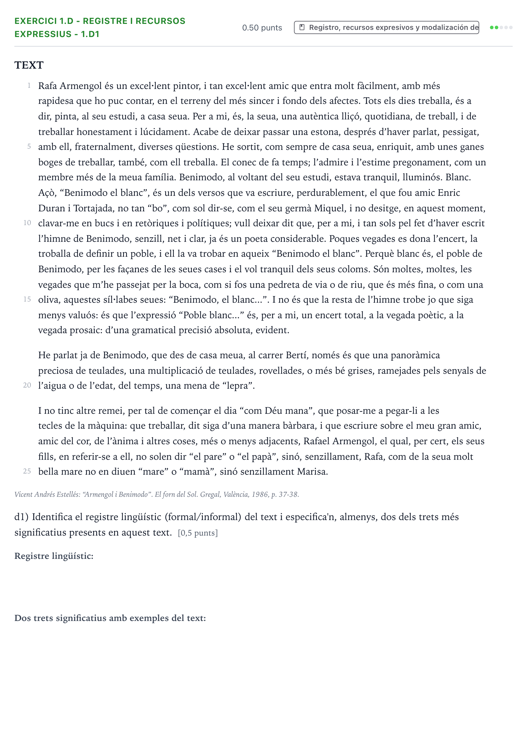 Enunciado: Ejercicio 1.d - Registre i recursos expressius - 1.d1 · Lengua Valenciana y Literatura II PAU Valencia Extraordinaria 2025