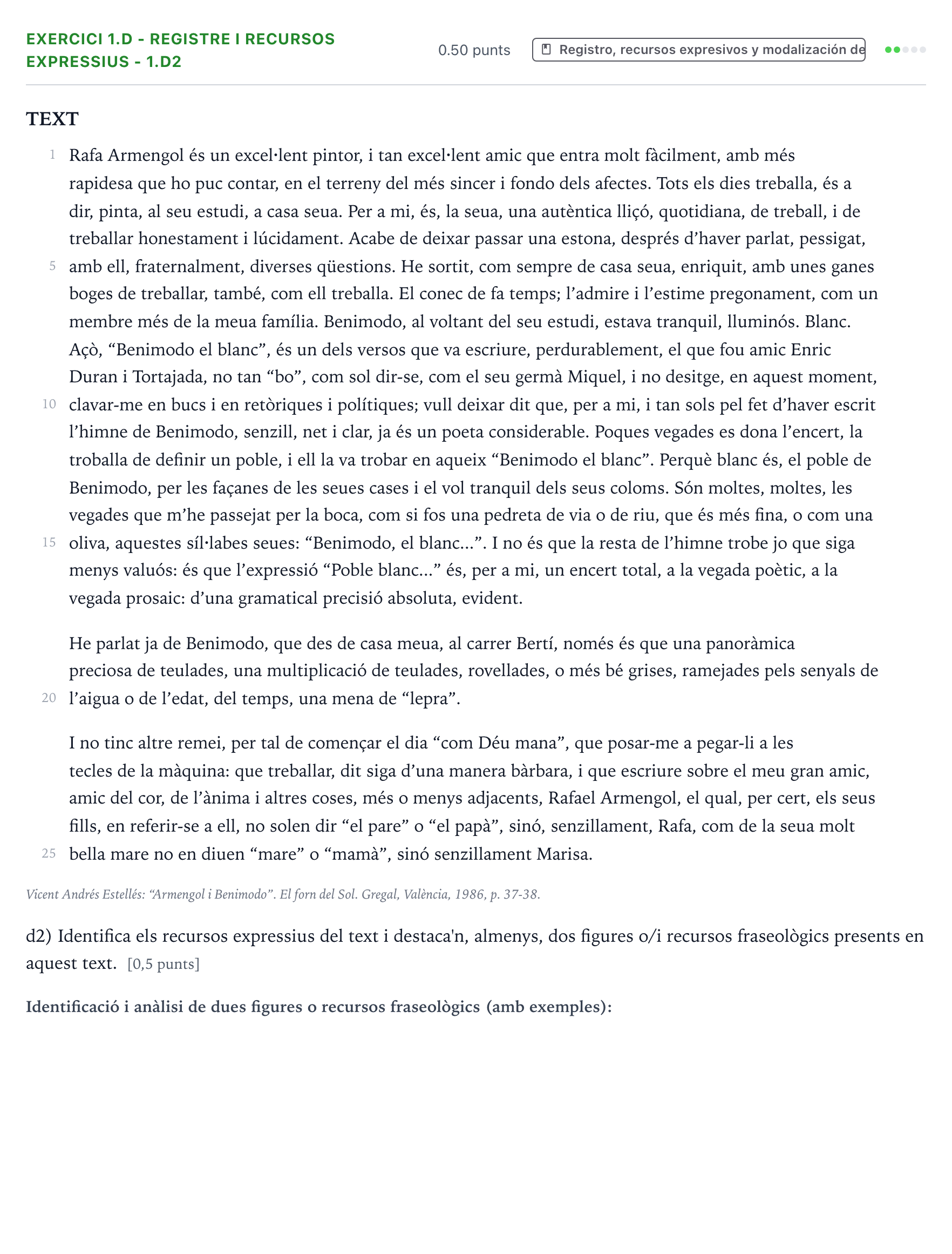 Enunciado: Ejercicio 1.d - Registre i recursos expressius - 1.d2 · Lengua Valenciana y Literatura II PAU Valencia Extraordinaria 2025