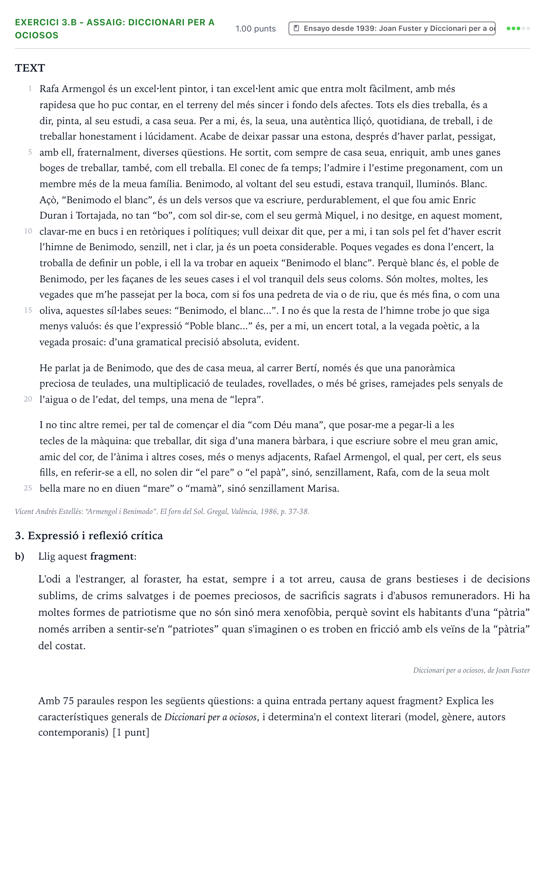 Enunciado: Ejercicio 3.b - Assaig: Diccionari per a ociosos · Lengua Valenciana y Literatura II PAU Valencia Extraordinaria 2025