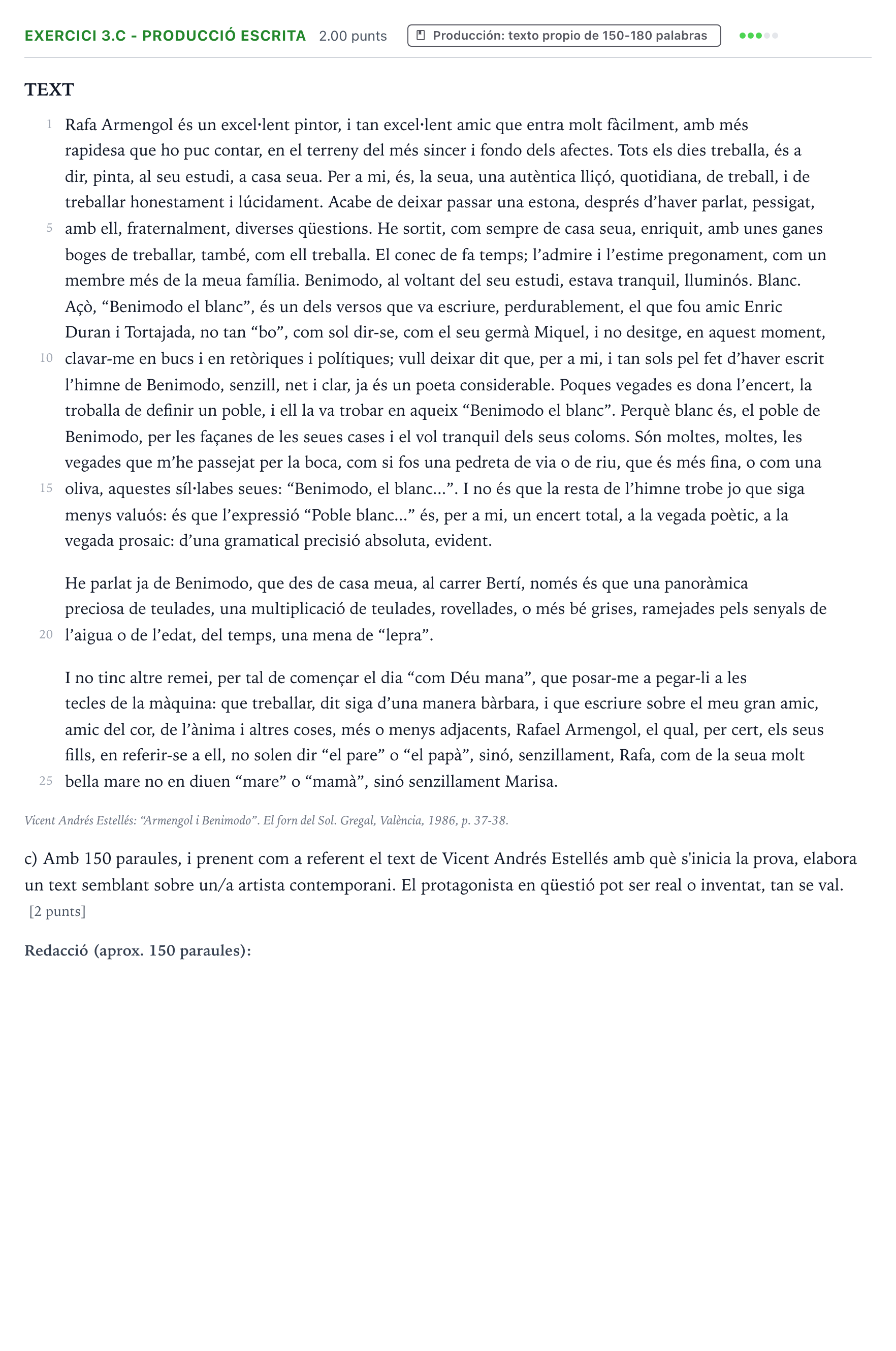 Enunciado: Ejercicio 3.c - Producció escrita · Lengua Valenciana y Literatura II PAU Valencia Extraordinaria 2025