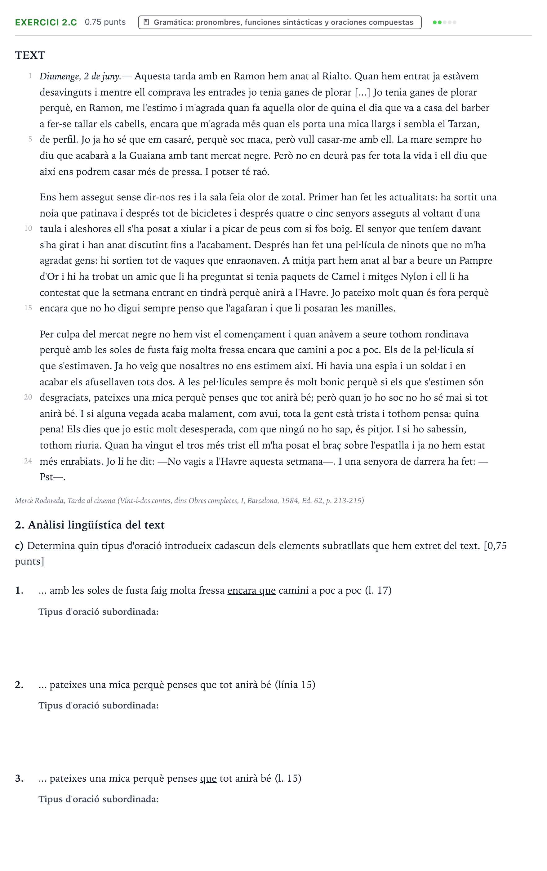 Enunciado: Ejercicio 2.c · Lengua Valenciana y Literatura II PAU Valencia Ordinaria 2025