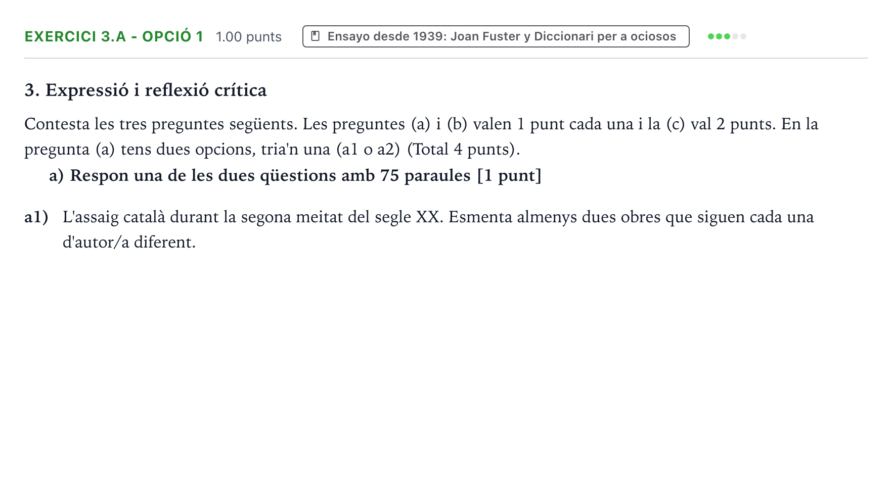 Enunciado: Ejercicio 3.a - Opció 1 · Lengua Valenciana y Literatura II PAU Valencia Ordinaria 2025