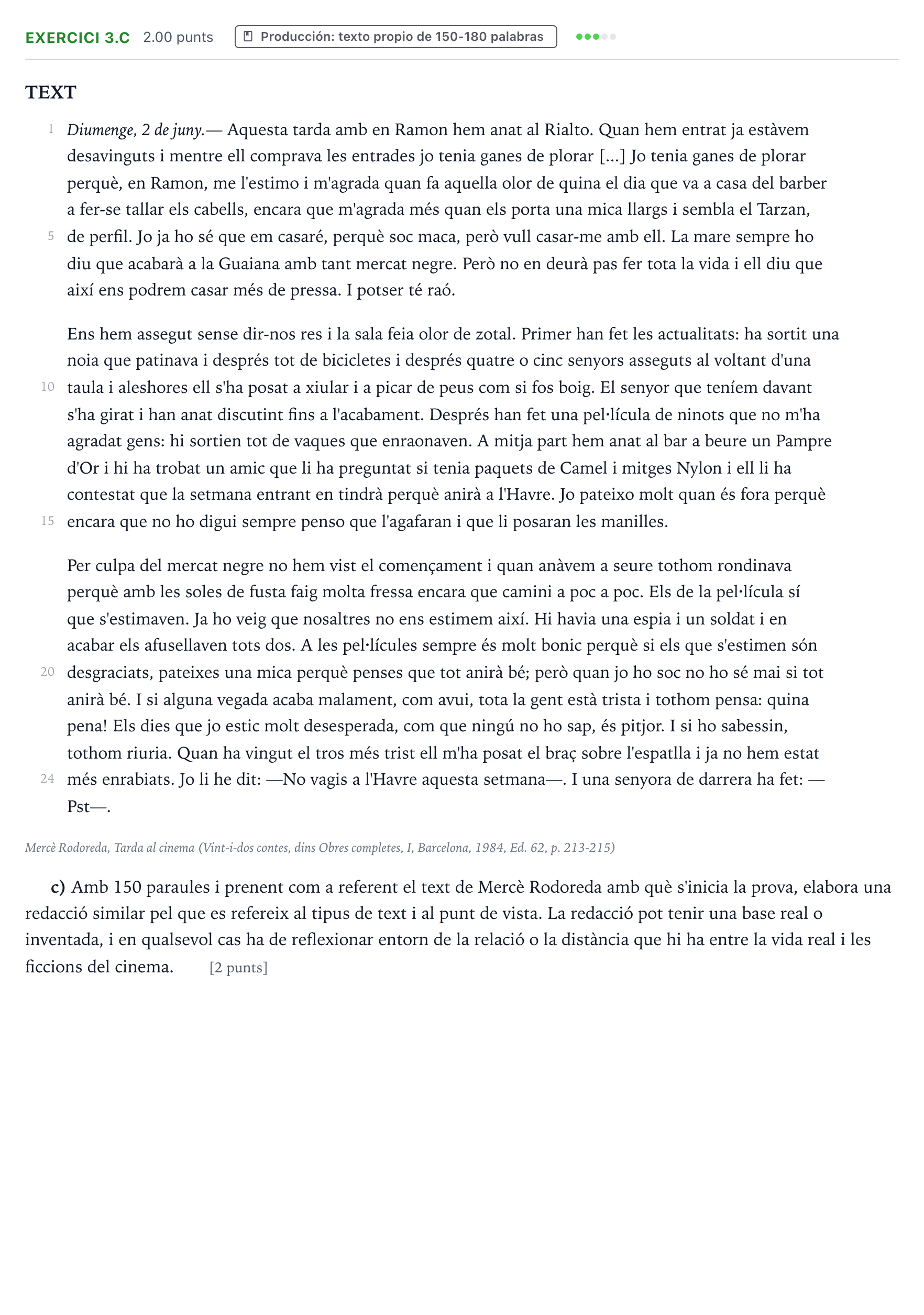 Enunciado: Ejercicio 3.c · Lengua Valenciana y Literatura II PAU Valencia Ordinaria 2025