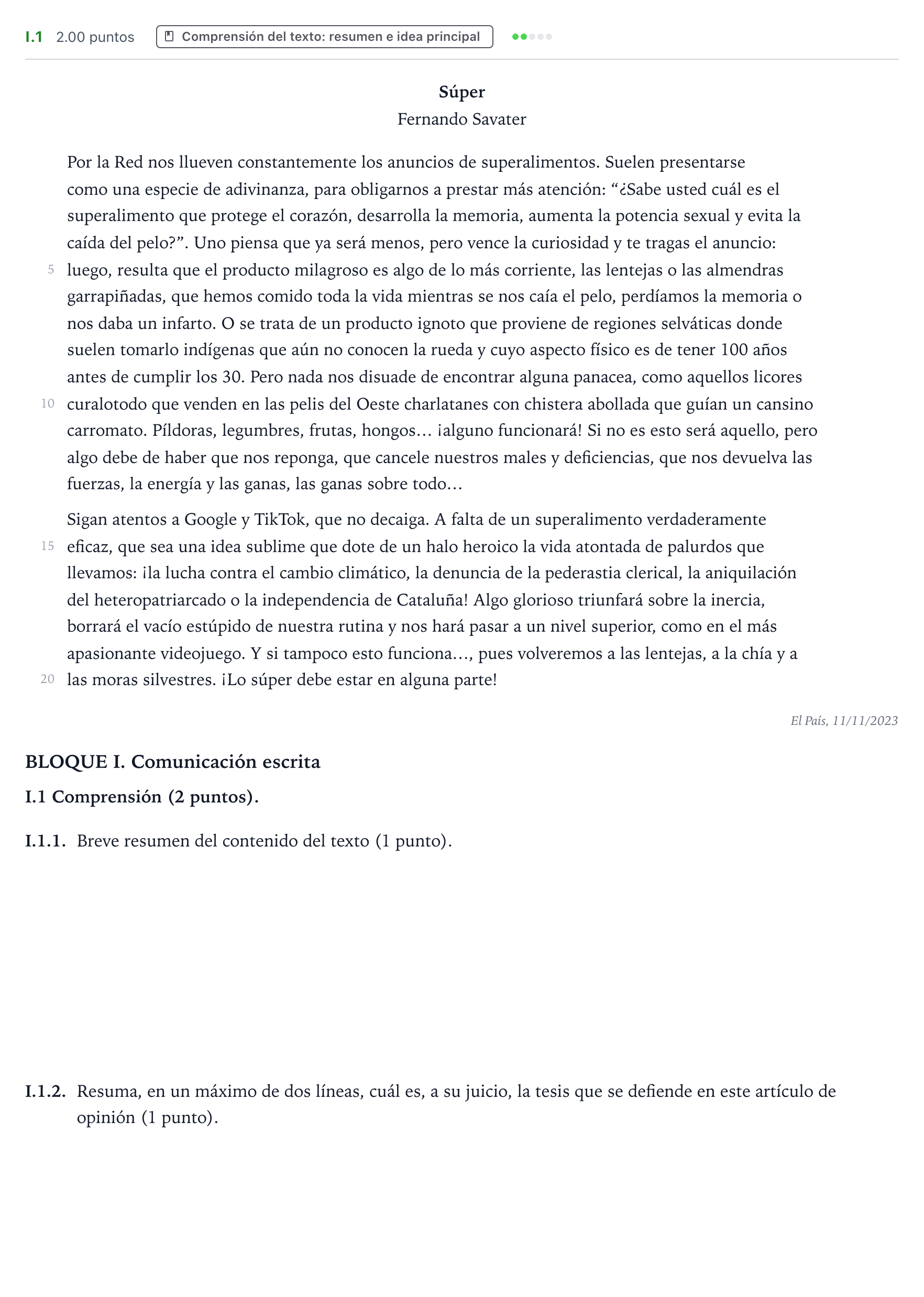 Enunciado: Ejercicio I.1 · Lengua Castellana y Literatura II PAU Valencia Extraordinaria 2024