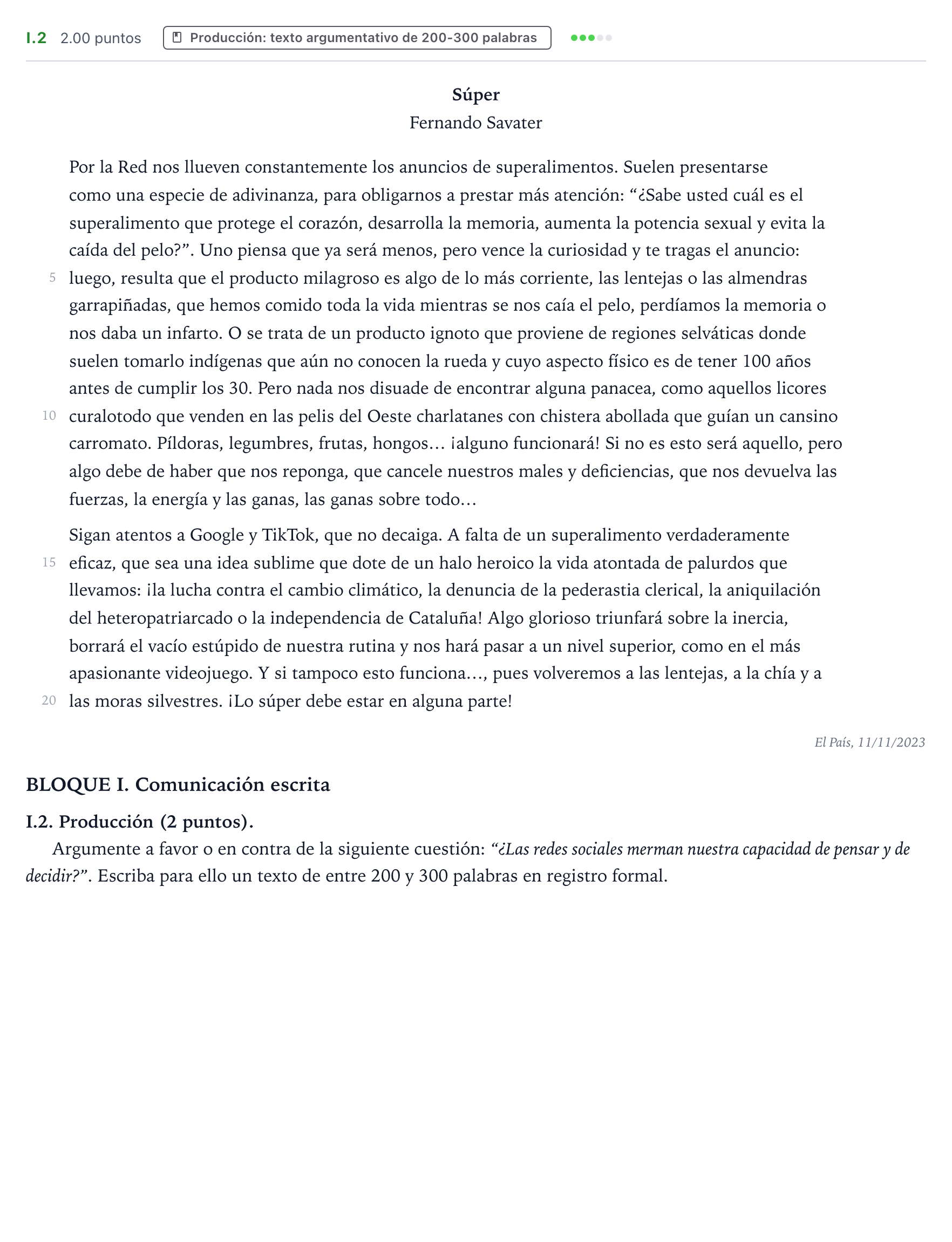 Enunciado: Ejercicio I.2 · Lengua Castellana y Literatura II PAU Valencia Extraordinaria 2024