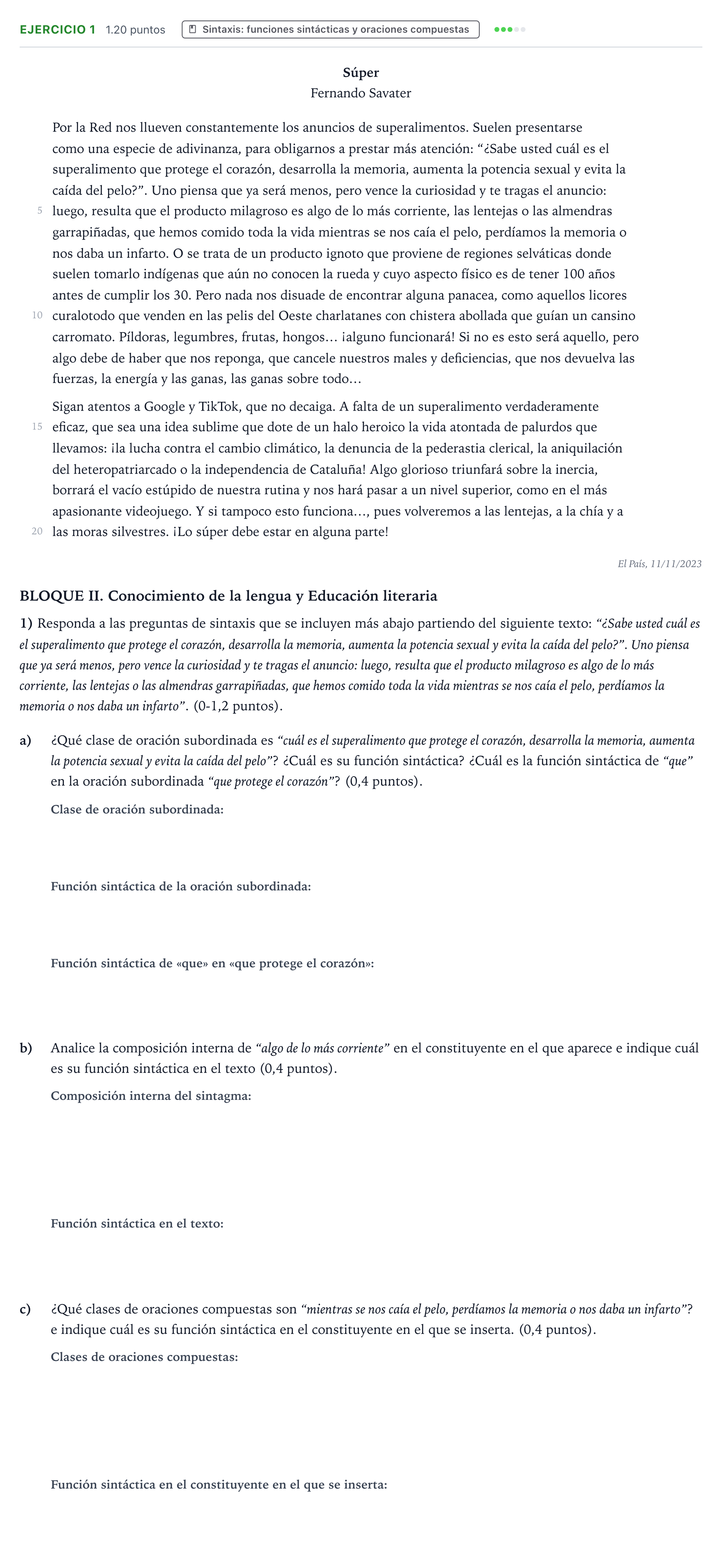 Enunciado: Problema 1 · Lengua Castellana y Literatura II PAU Valencia Extraordinaria 2024