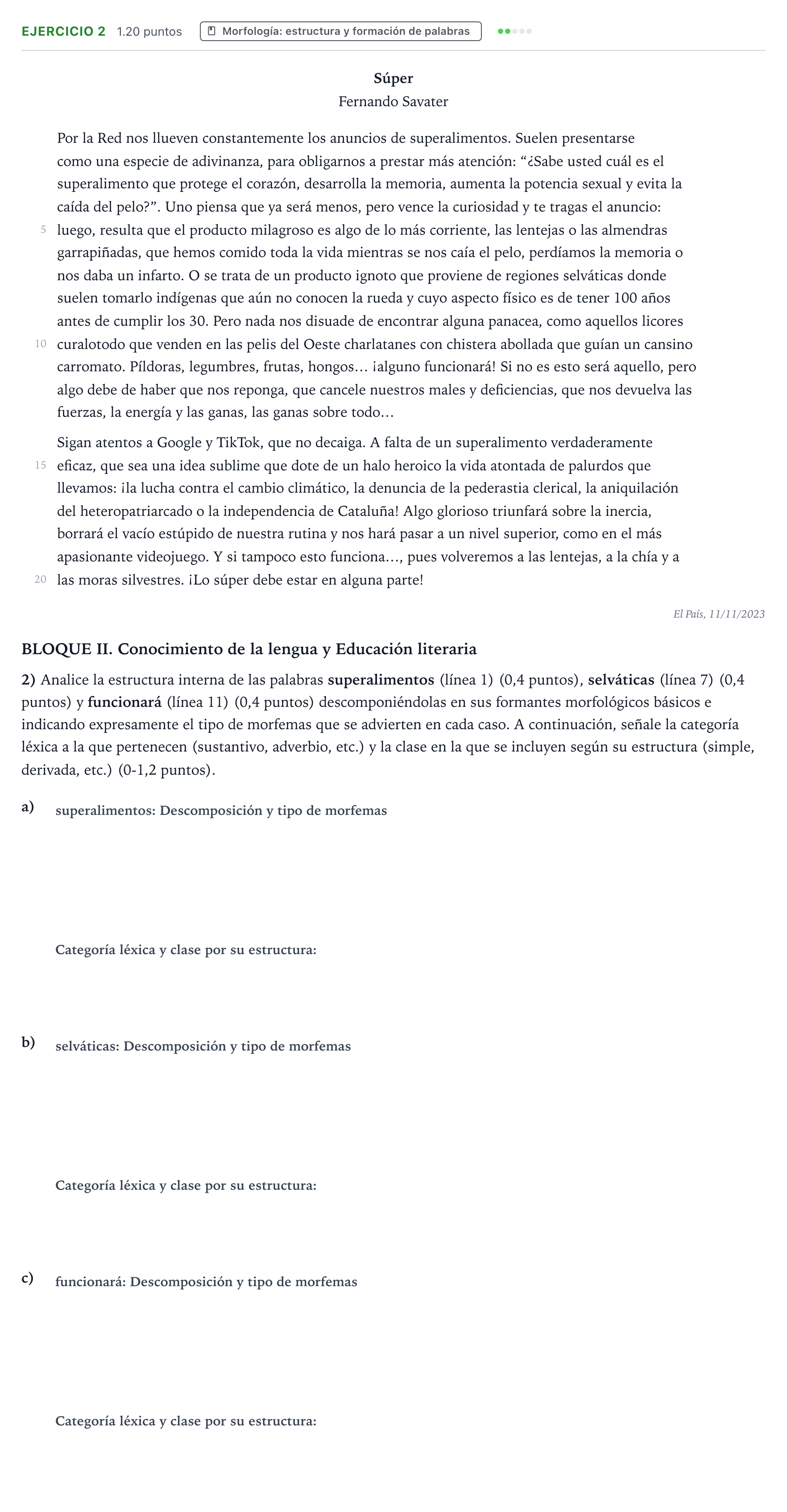 Enunciado: Problema 2 · Lengua Castellana y Literatura II PAU Valencia Extraordinaria 2024