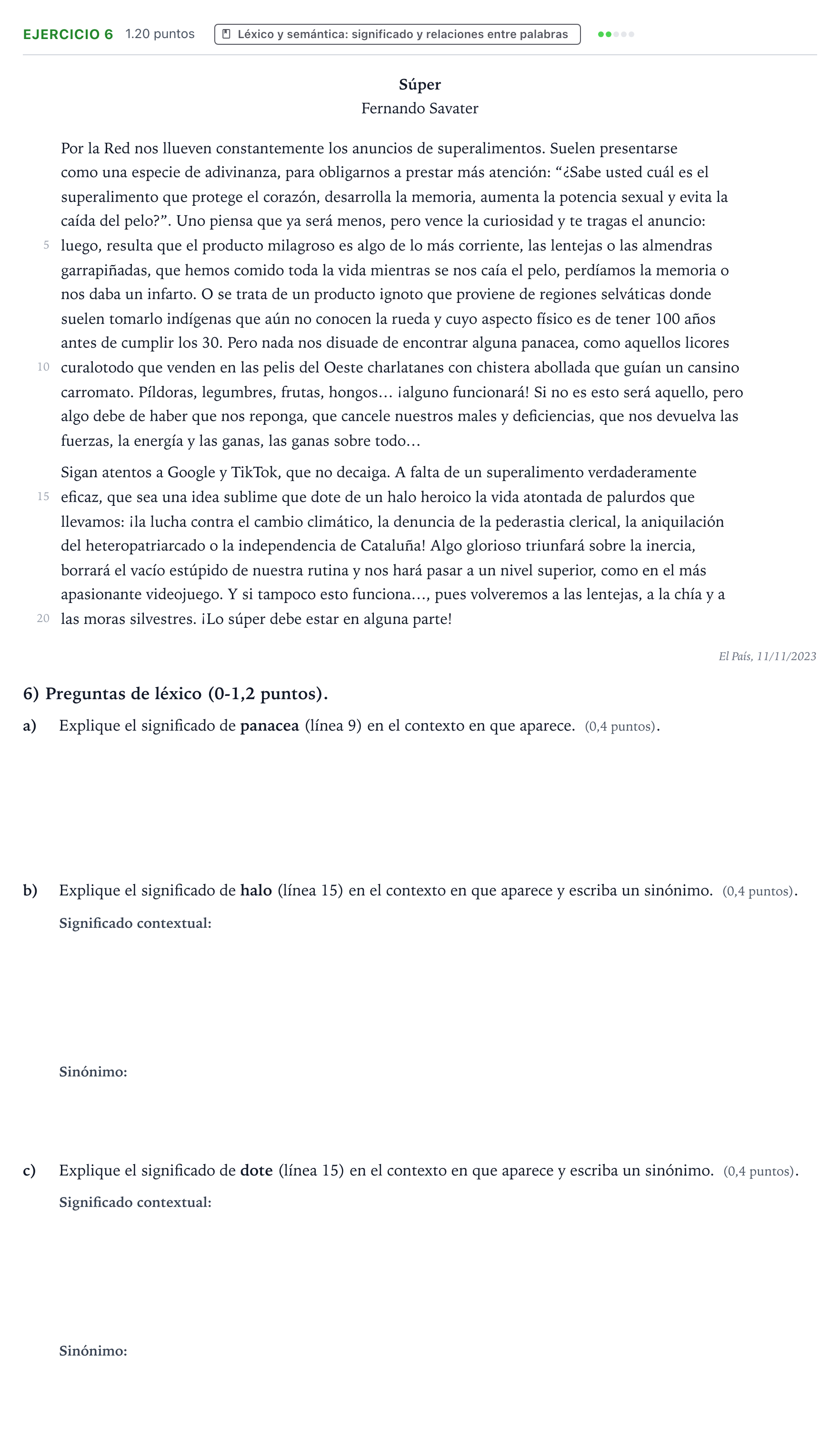 Enunciado: Problema 6 · Lengua Castellana y Literatura II PAU Valencia Extraordinaria 2024