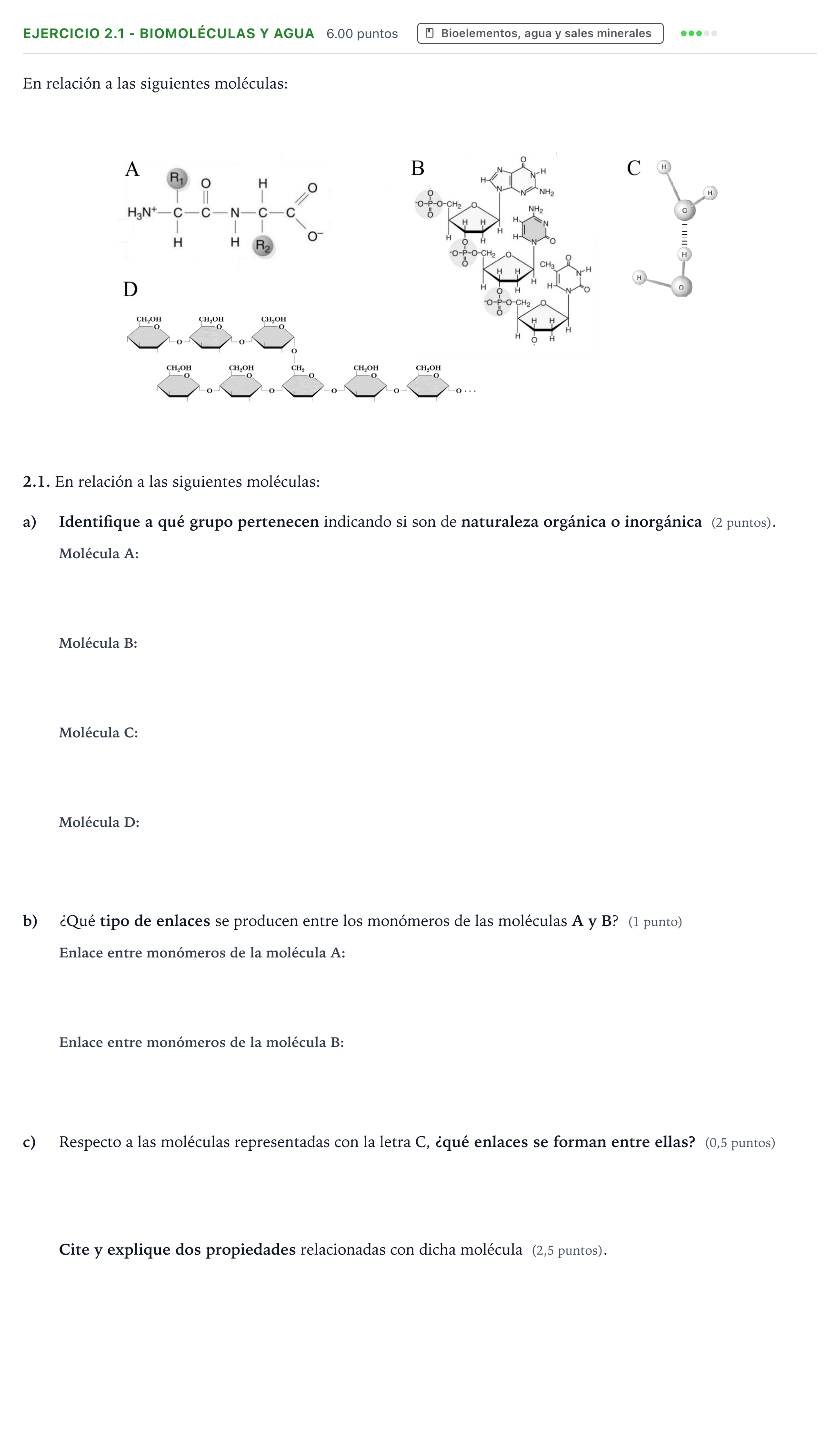 Enunciado: Ejercicio 2.1 - Biomoléculas y agua · Biología PAU Valencia Ordinaria 2024
