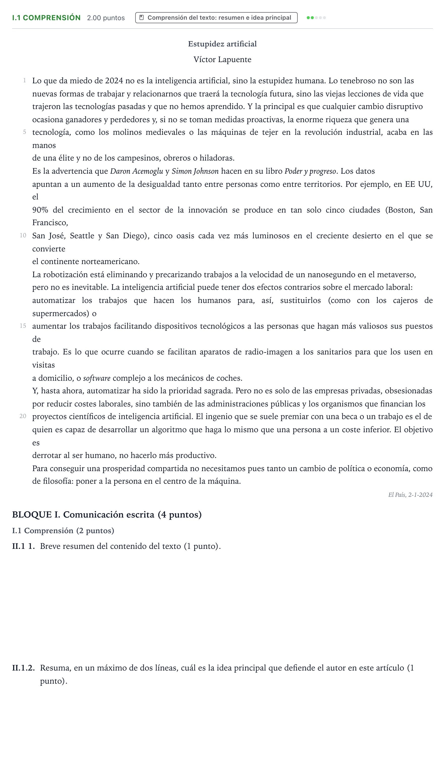 Enunciado: Ejercicio I.1 Comprensión · Lengua Castellana y Literatura II PAU Valencia Ordinaria 2024