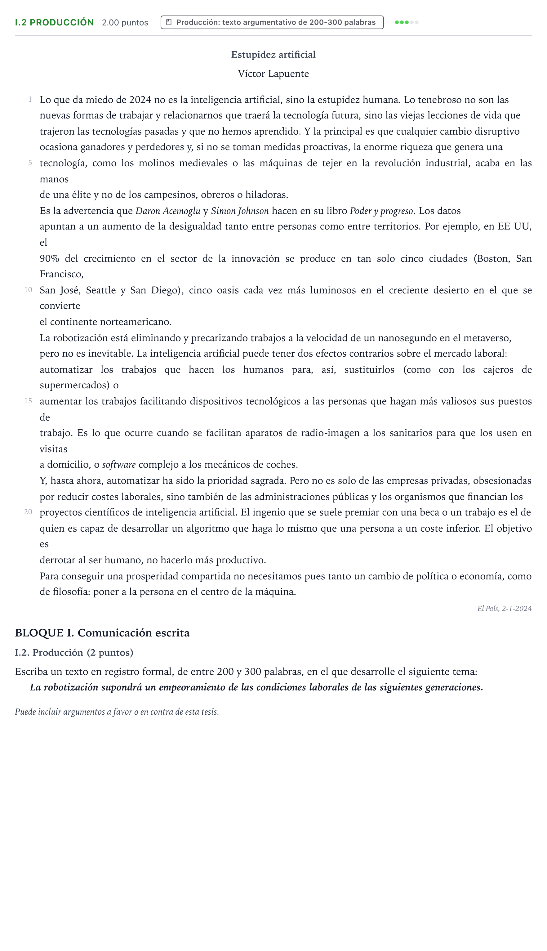Enunciado: Ejercicio I.2 Producción · Lengua Castellana y Literatura II PAU Valencia Ordinaria 2024