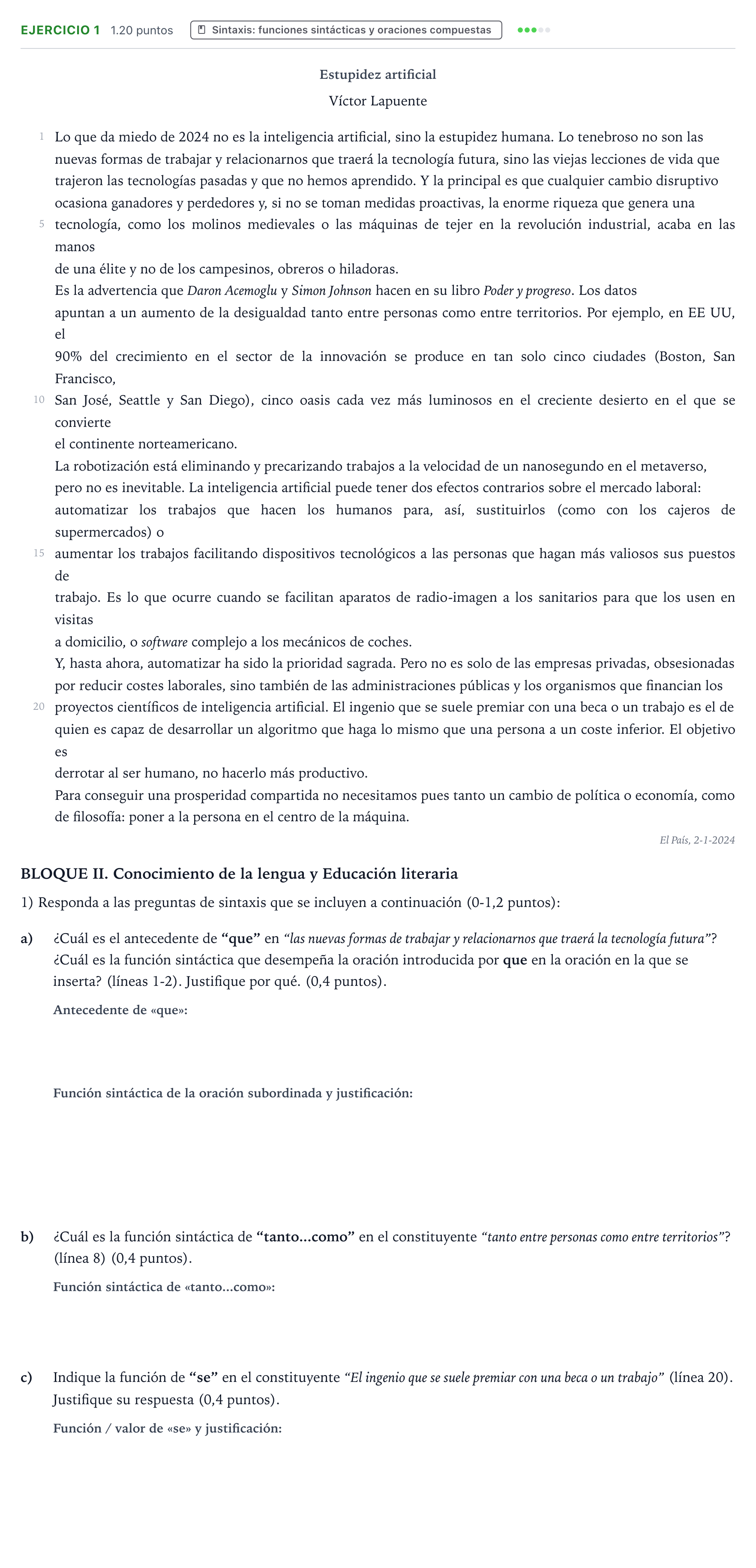 Enunciado: Problema 1 · Lengua Castellana y Literatura II PAU Valencia Ordinaria 2024