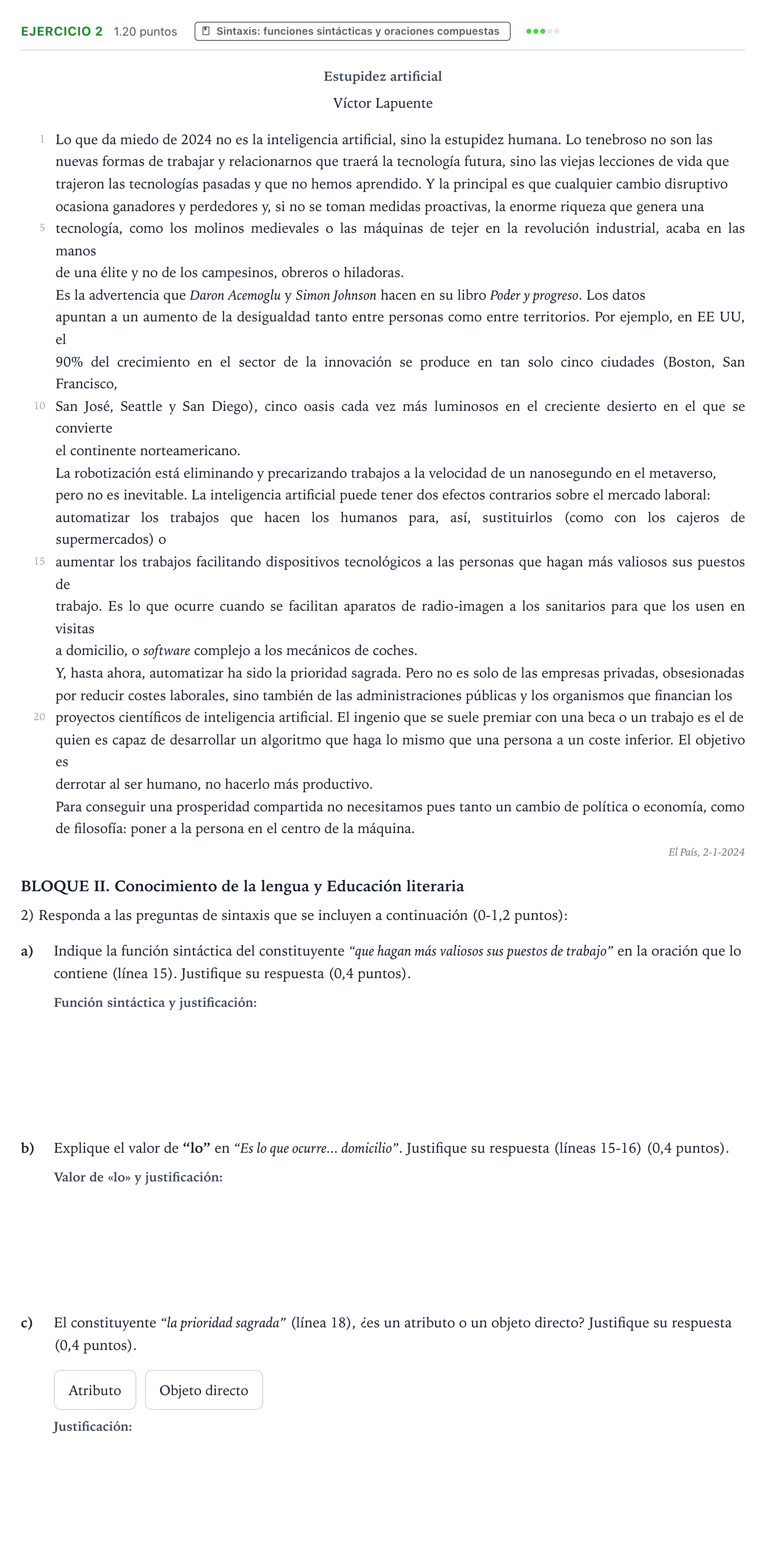 Enunciado: Problema 2 · Lengua Castellana y Literatura II PAU Valencia Ordinaria 2024