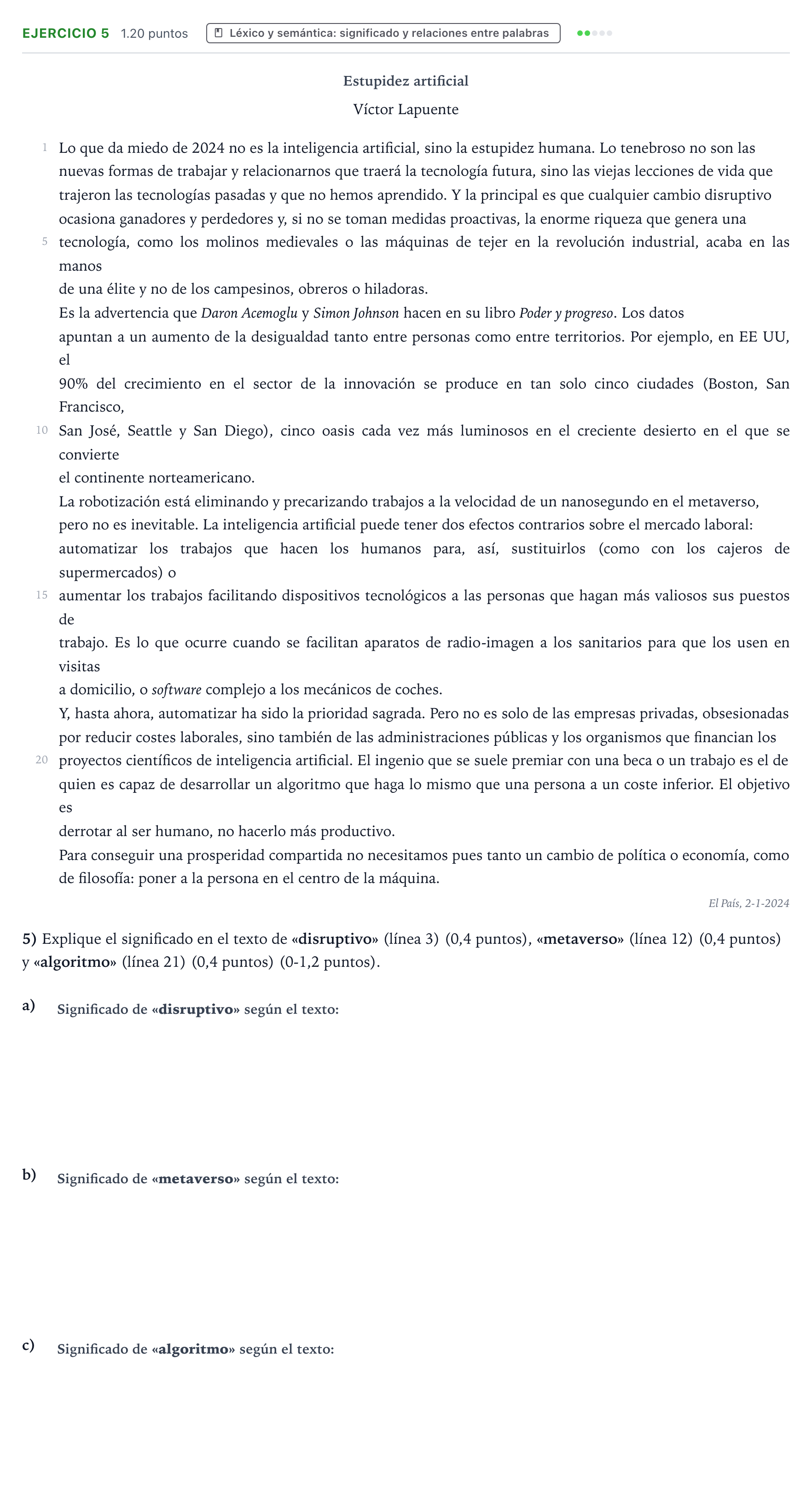 Enunciado: Problema 5 · Lengua Castellana y Literatura II PAU Valencia Ordinaria 2024