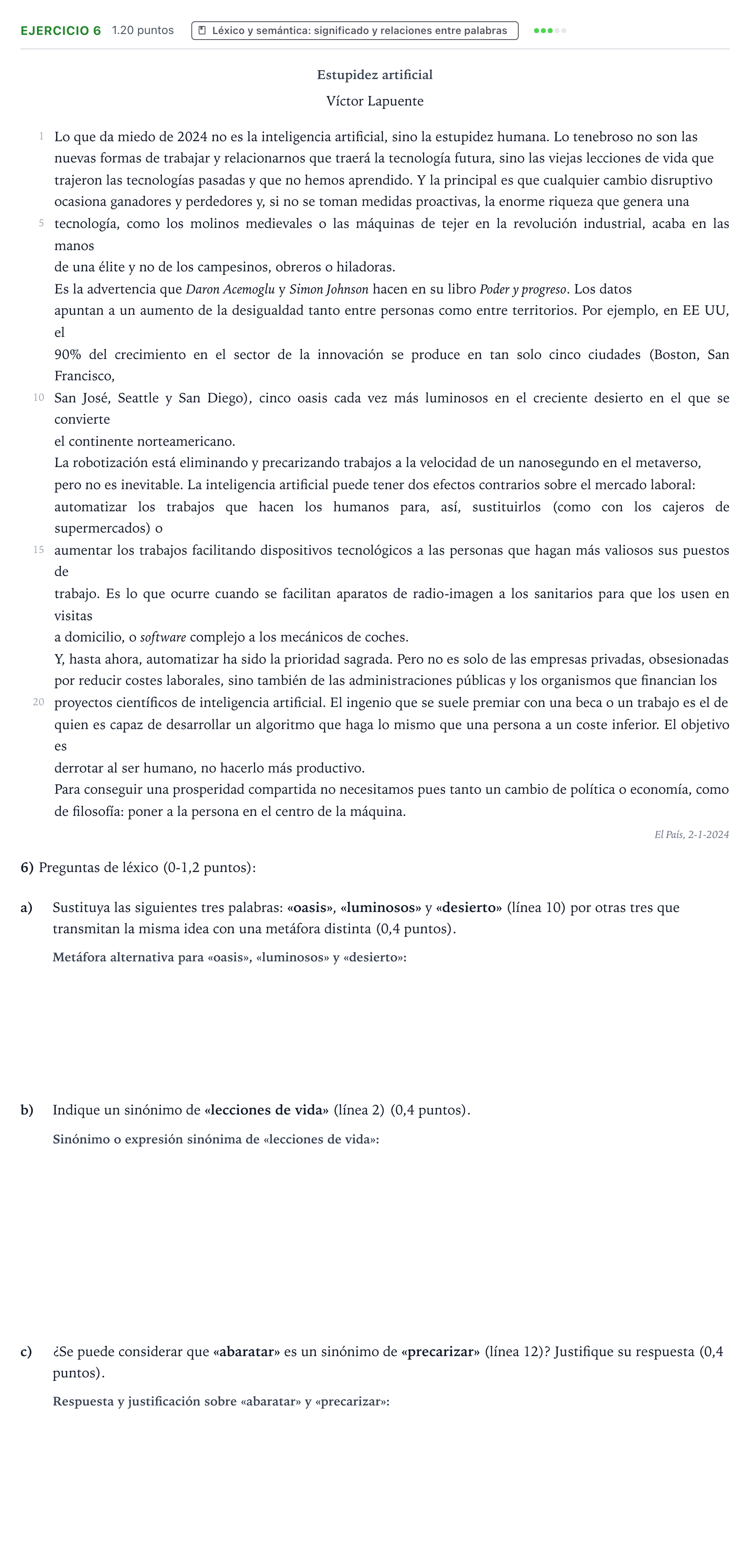 Enunciado: Problema 6 · Lengua Castellana y Literatura II PAU Valencia Ordinaria 2024