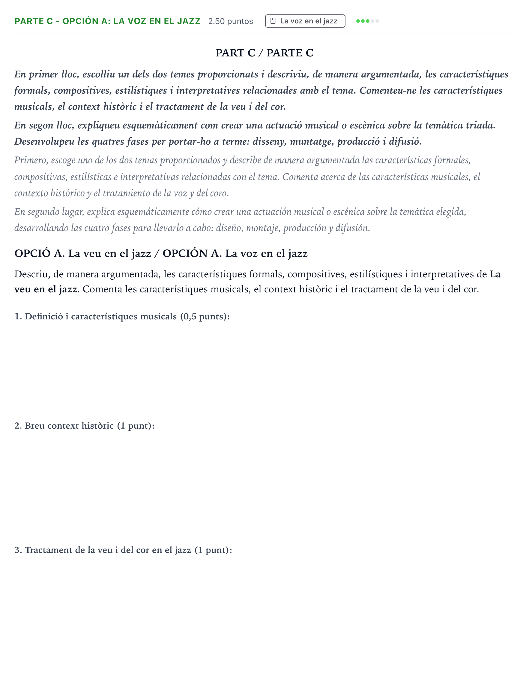 Enunciado: Ejercicio Parte C - Opción A: La voz en el jazz · Coro y Técnica Vocal PAU Valencia Extraordinaria 2024