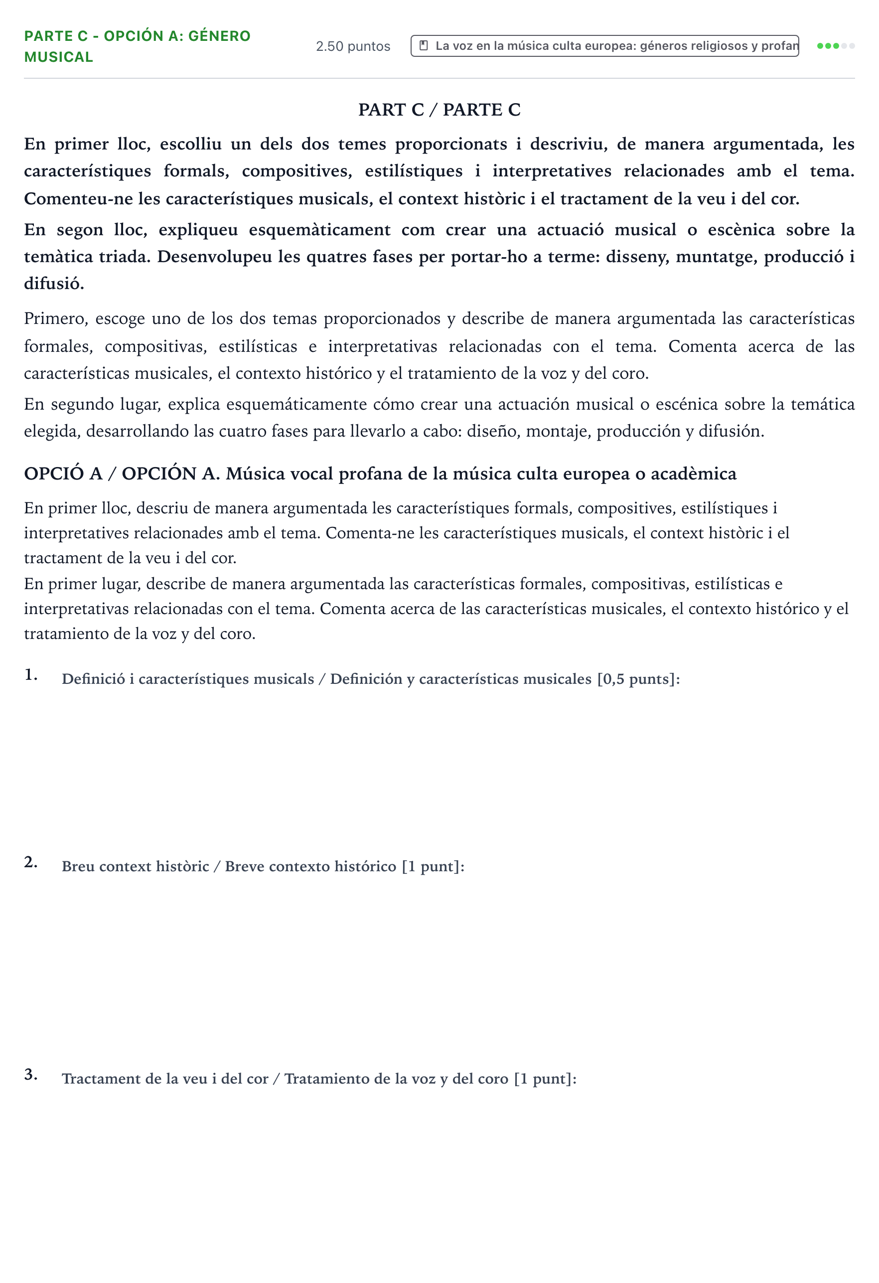 Enunciado: Ejercicio Parte C - Opción A: Género musical · Coro y Técnica Vocal PAU Valencia Ordinaria 2024