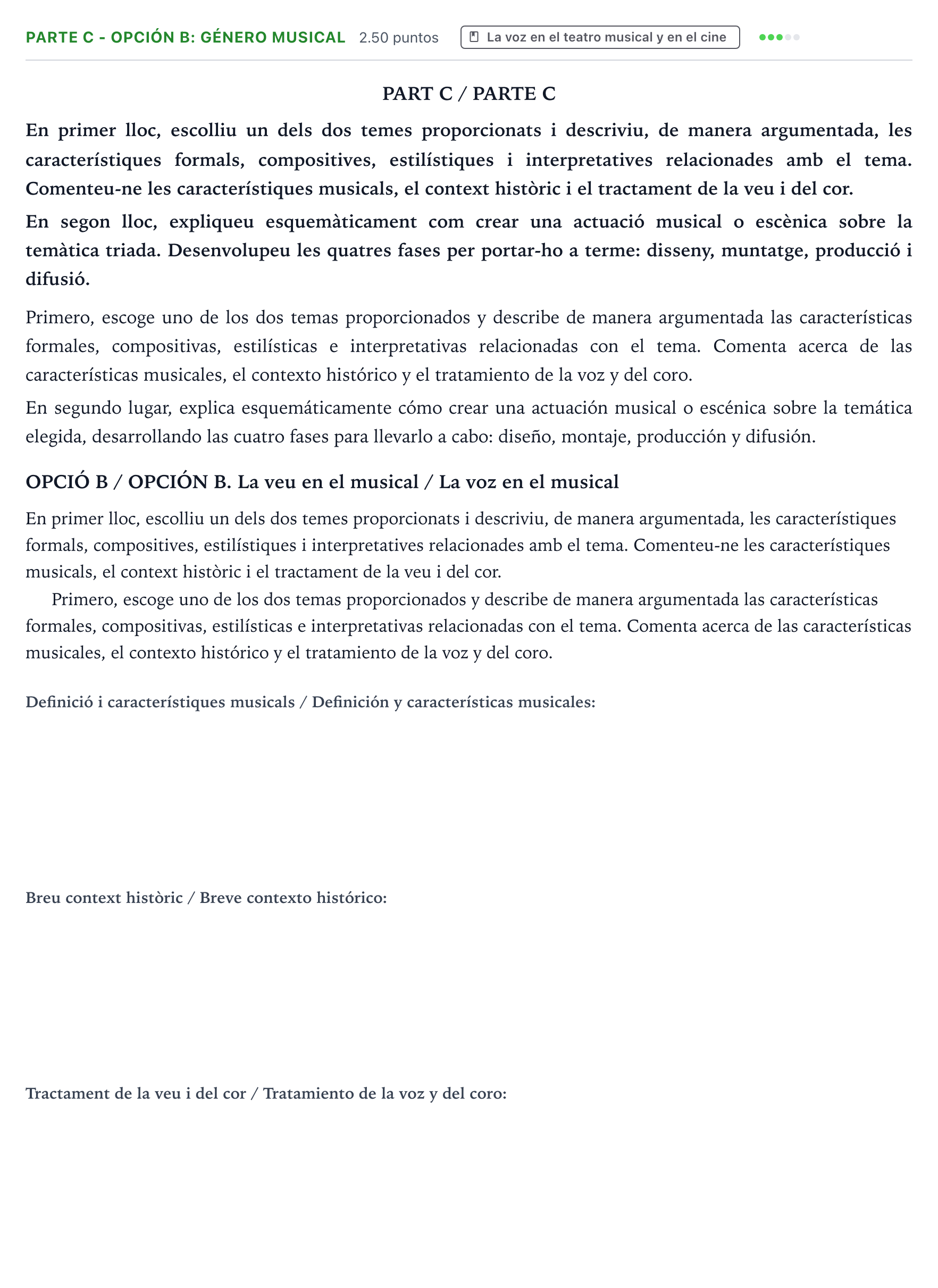 Enunciado: Ejercicio Parte C - Opción B: Género musical · Coro y Técnica Vocal PAU Valencia Ordinaria 2024
