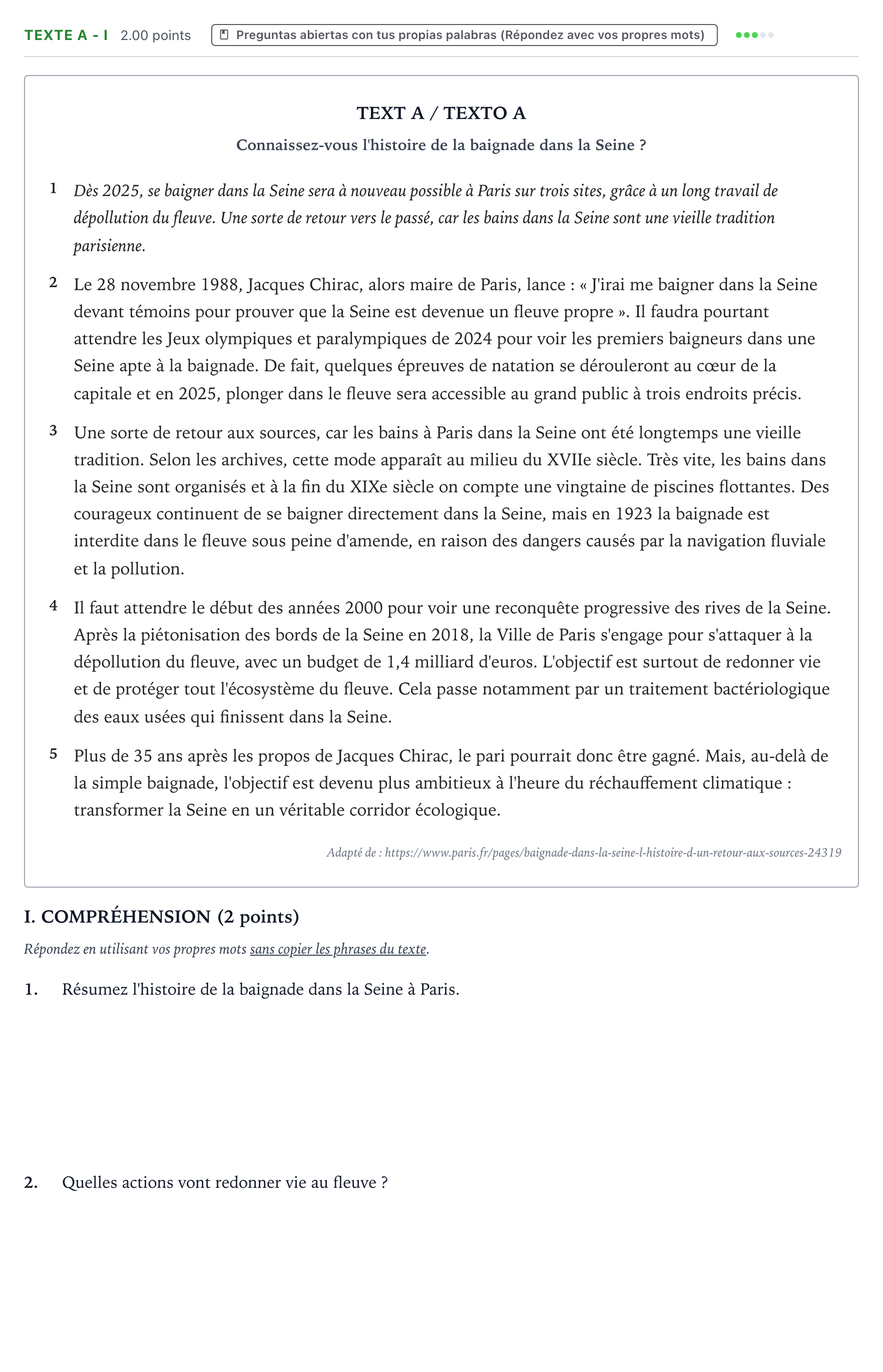 Enunciado: Ejercicio Texte A - I · Francés PAU Valencia Extraordinaria 2024