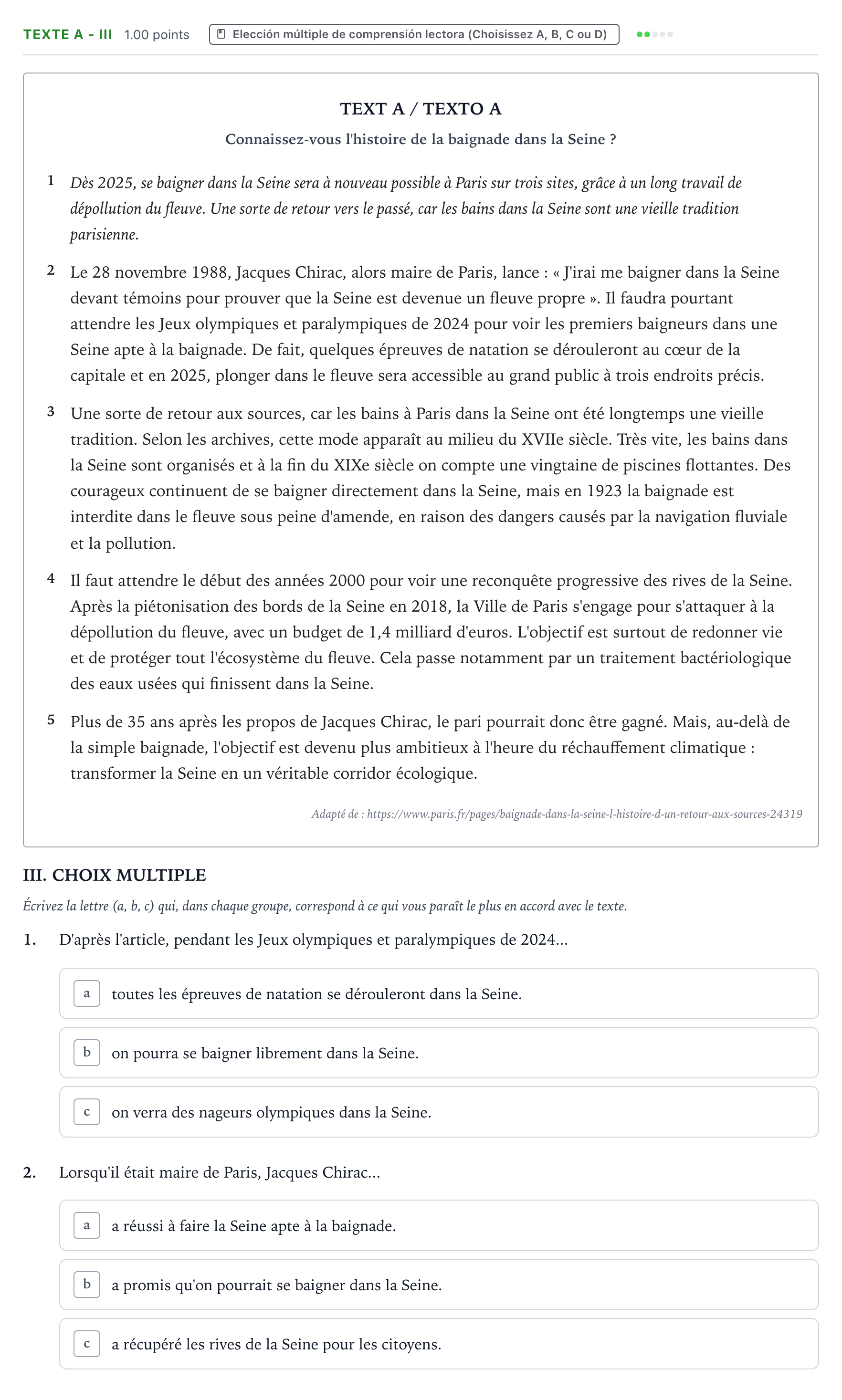 Enunciado: Ejercicio Texte A - III · Francés PAU Valencia Extraordinaria 2024