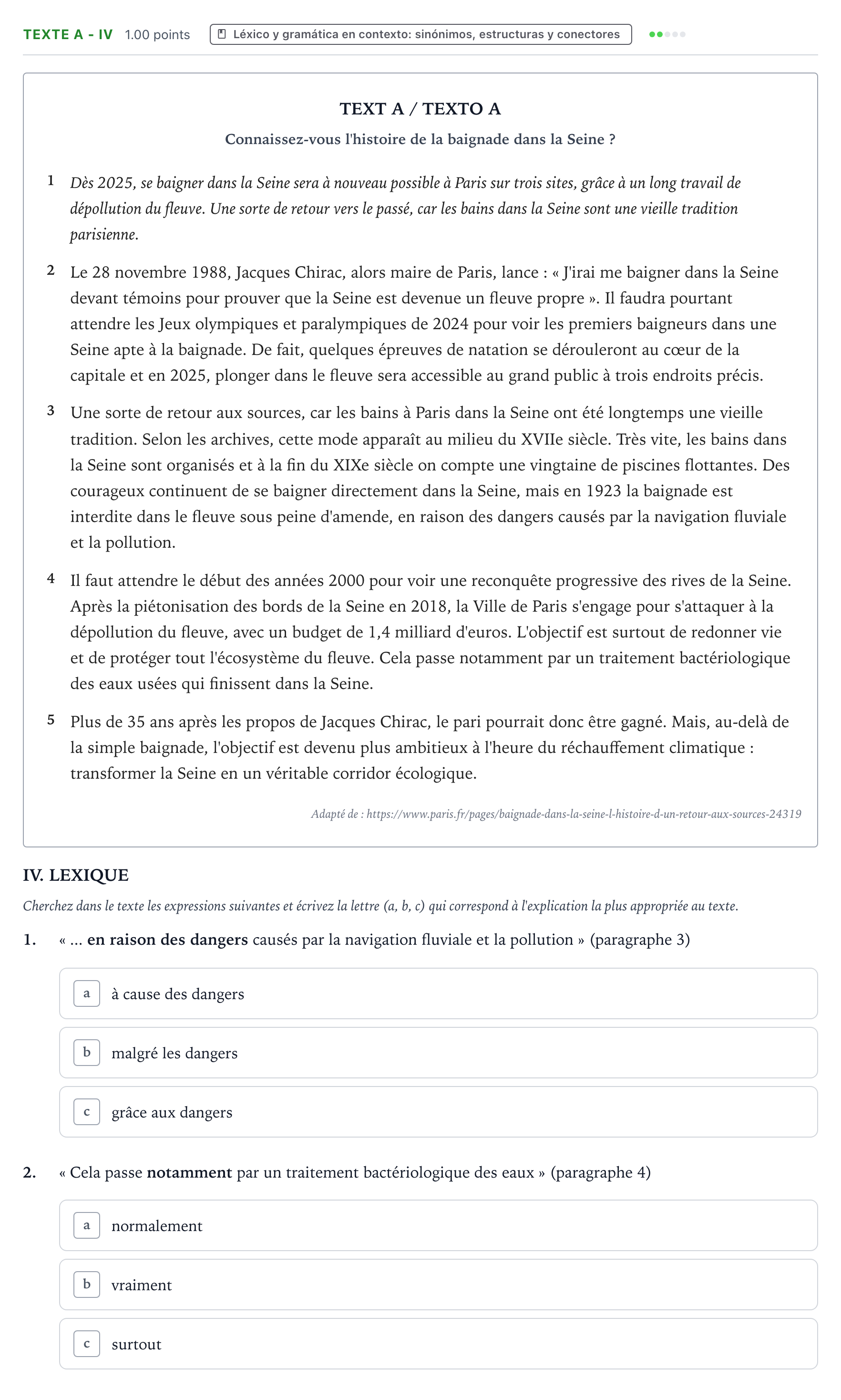 Enunciado: Ejercicio Texte A - IV · Francés PAU Valencia Extraordinaria 2024