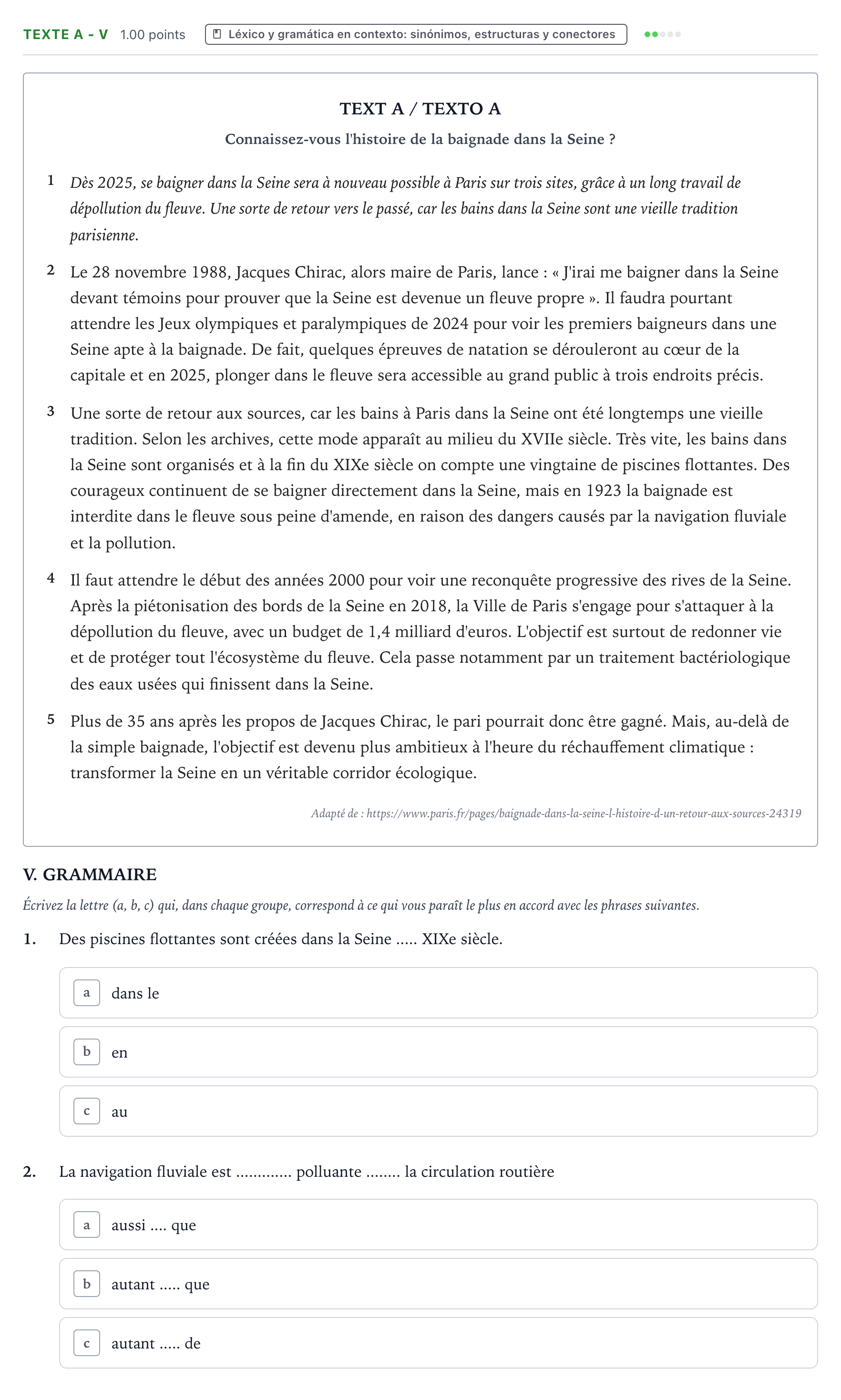 Enunciado: Ejercicio Texte A - V · Francés PAU Valencia Extraordinaria 2024