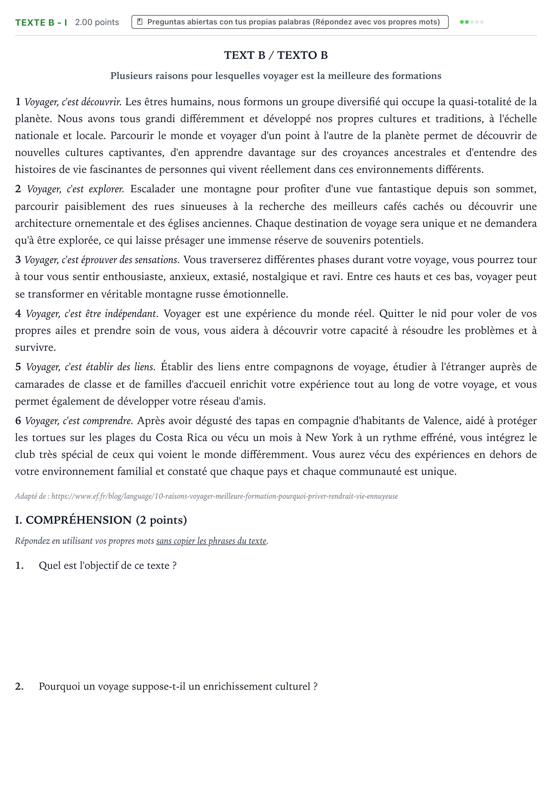 Enunciado: Ejercicio Texte B - I · Francés PAU Valencia Extraordinaria 2024