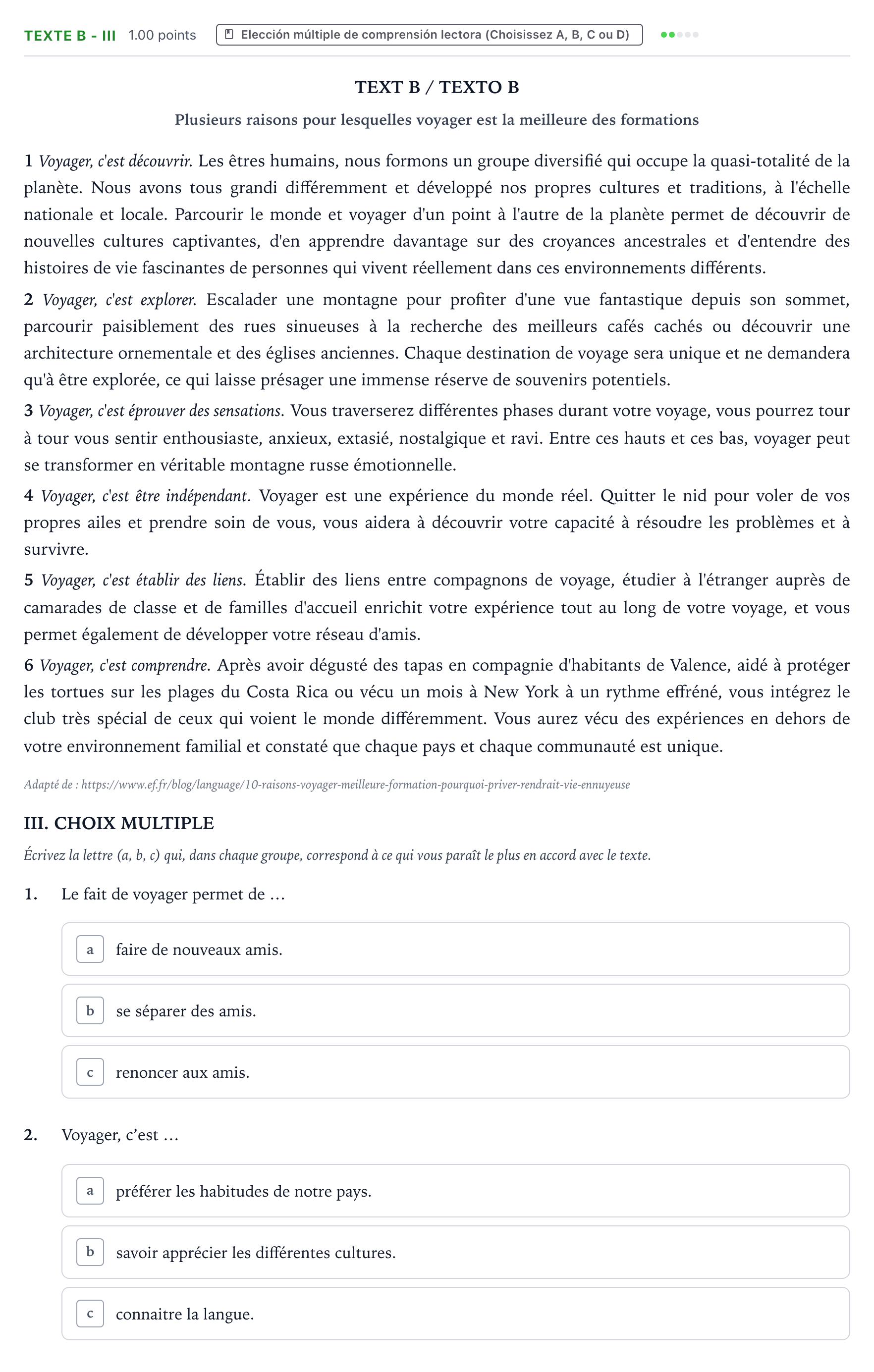 Enunciado: Ejercicio Texte B - III · Francés PAU Valencia Extraordinaria 2024