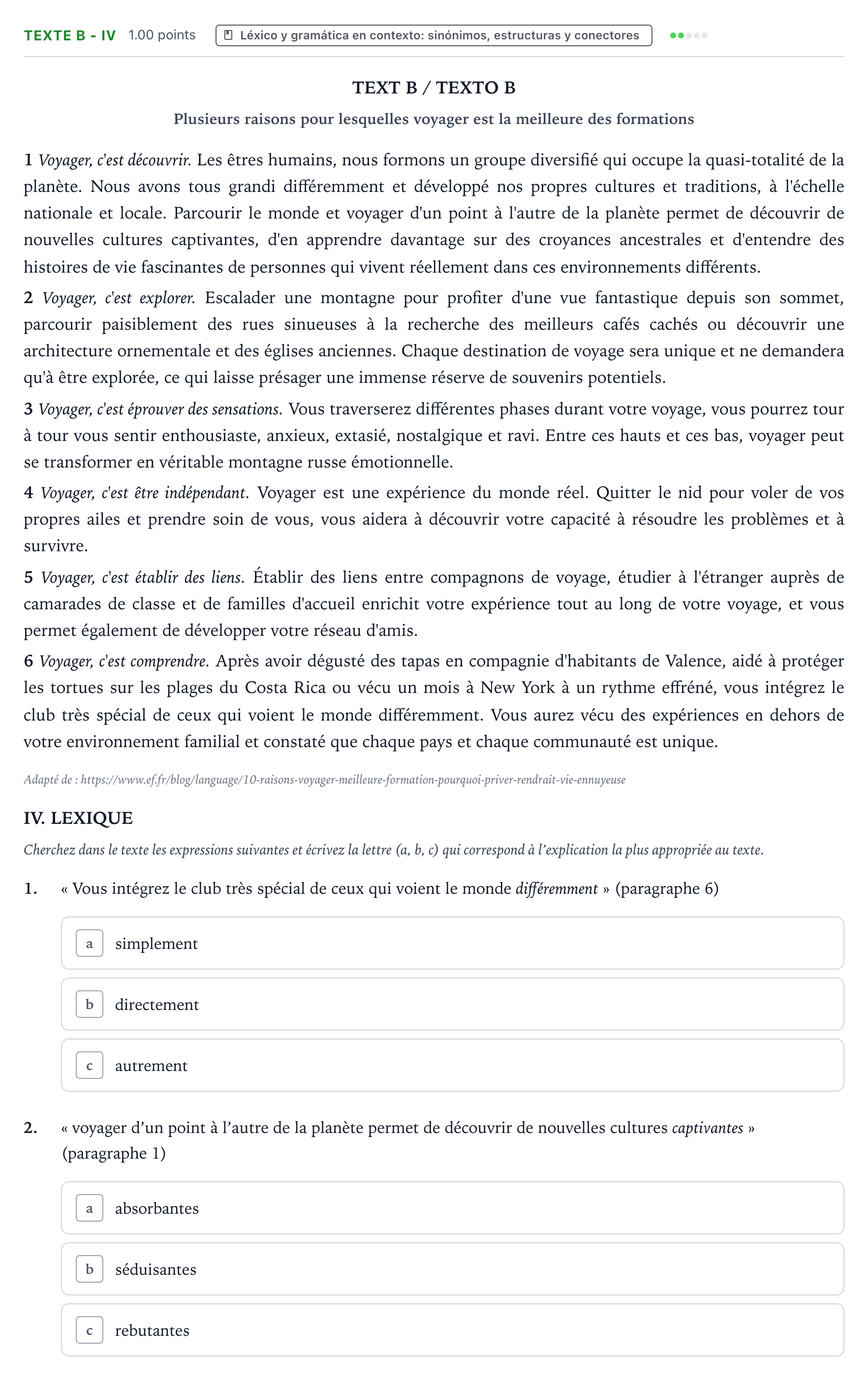 Enunciado: Ejercicio Texte B - IV · Francés PAU Valencia Extraordinaria 2024