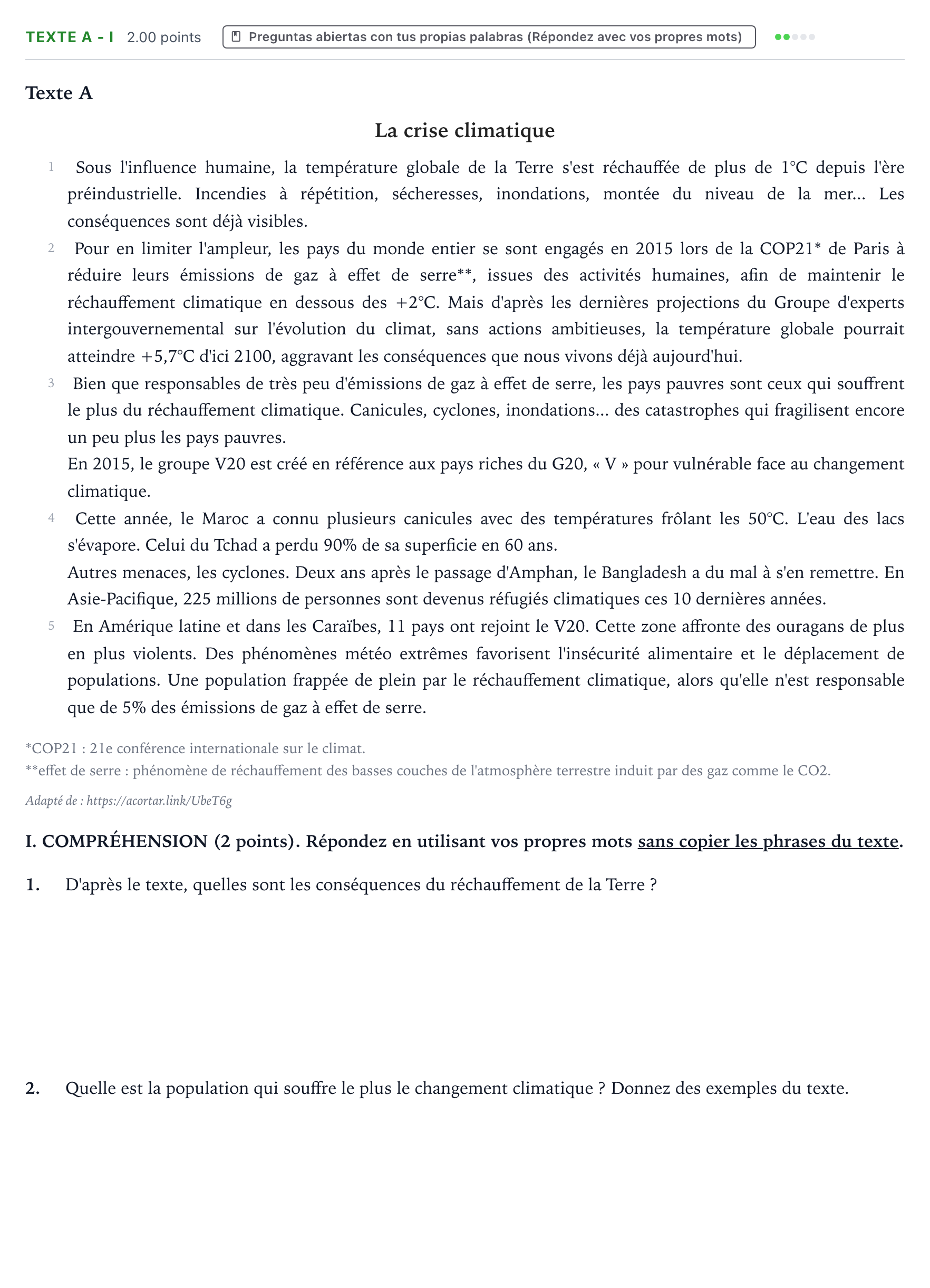 Enunciado: Ejercicio Texte A - I · Francés PAU Valencia Extraordinaria solapamiento 2024