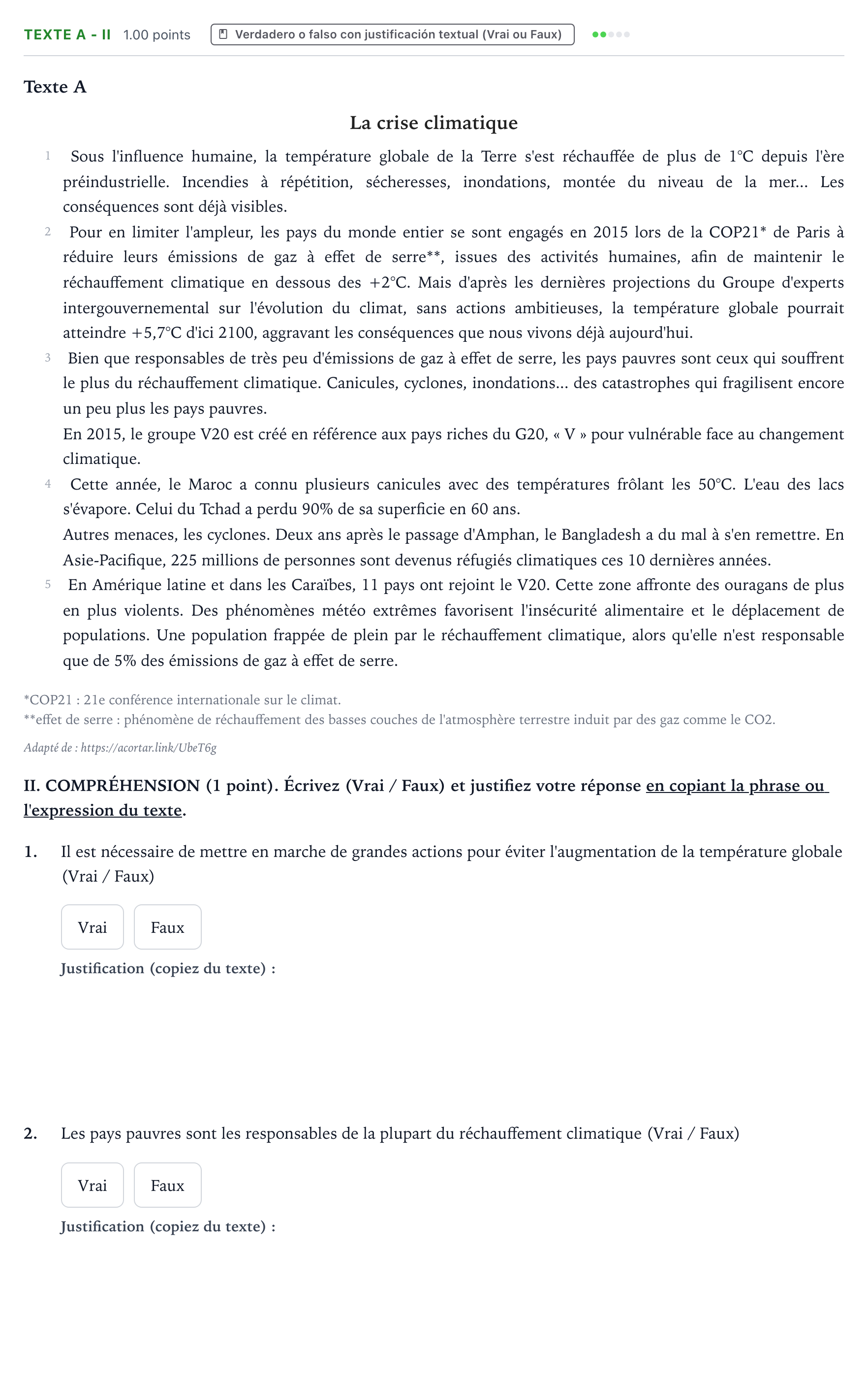 Enunciado: Ejercicio Texte A - II · Francés PAU Valencia Extraordinaria solapamiento 2024