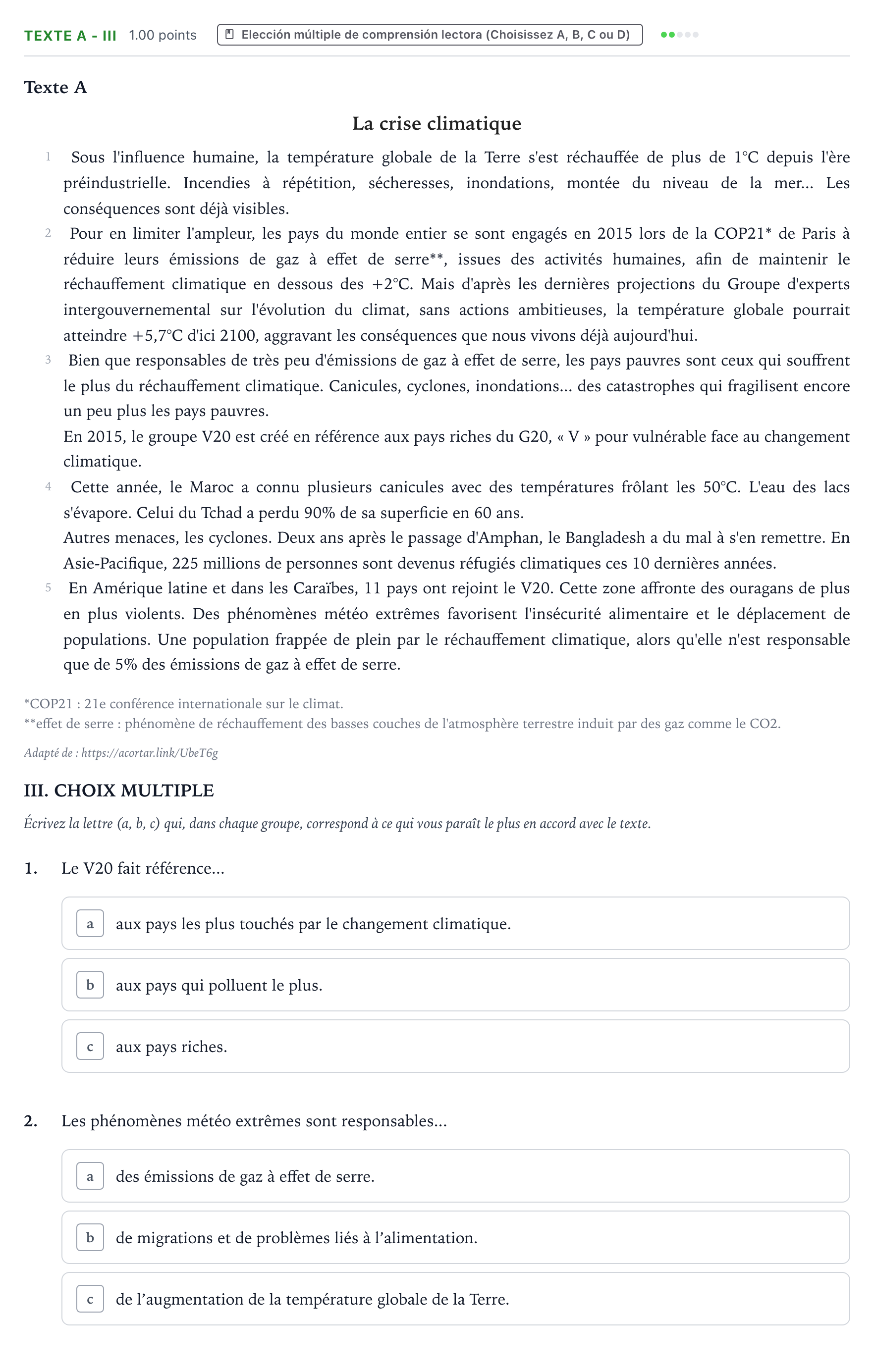 Enunciado: Ejercicio Texte A - III · Francés PAU Valencia Extraordinaria solapamiento 2024