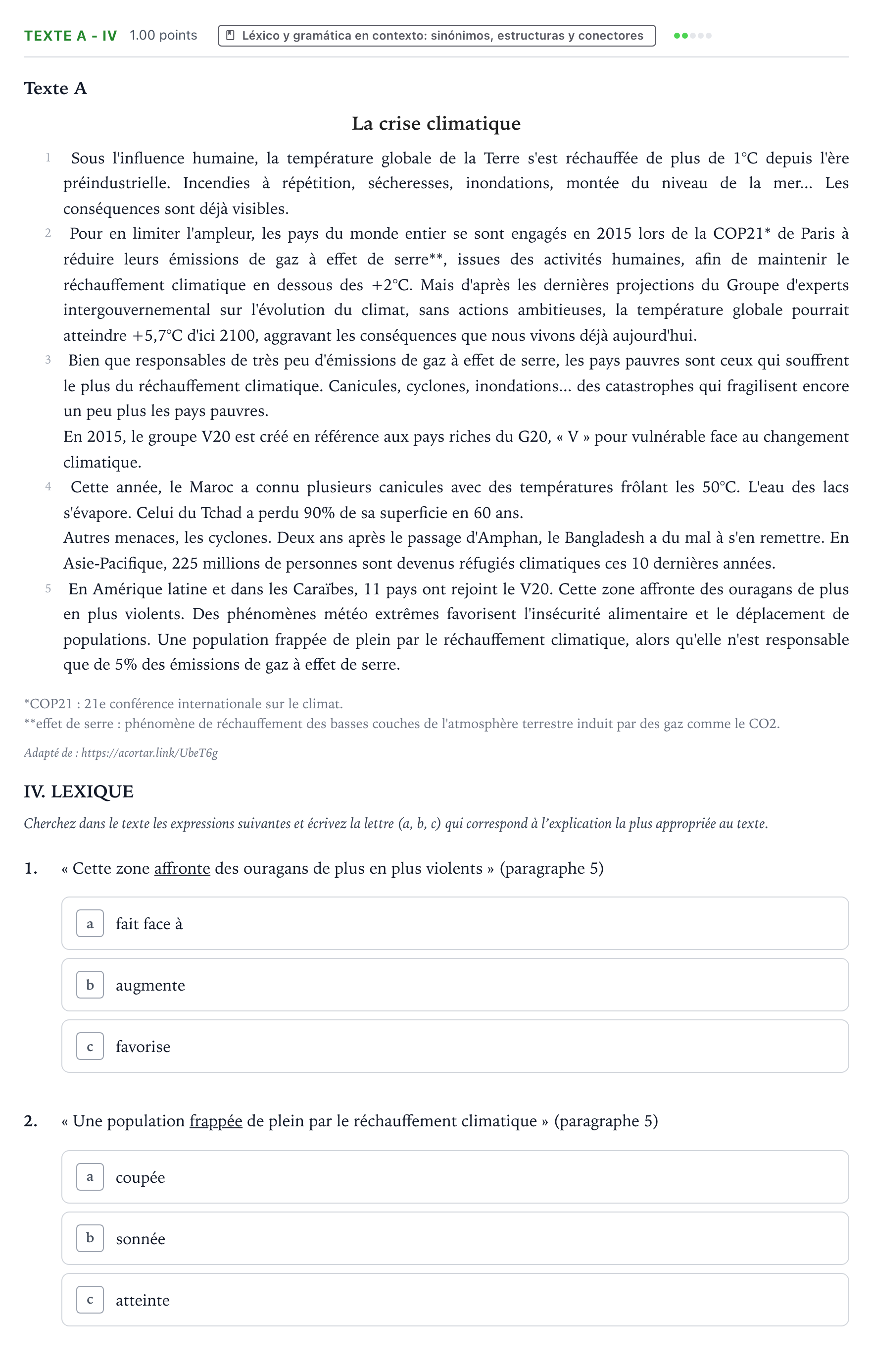 Enunciado: Ejercicio Texte A - IV · Francés PAU Valencia Extraordinaria solapamiento 2024