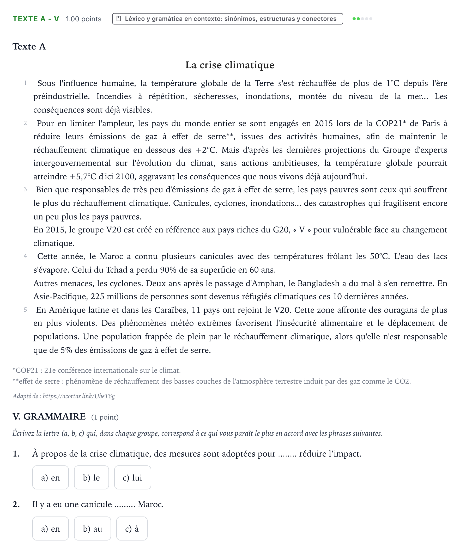 Enunciado: Ejercicio Texte A - V · Francés PAU Valencia Extraordinaria solapamiento 2024