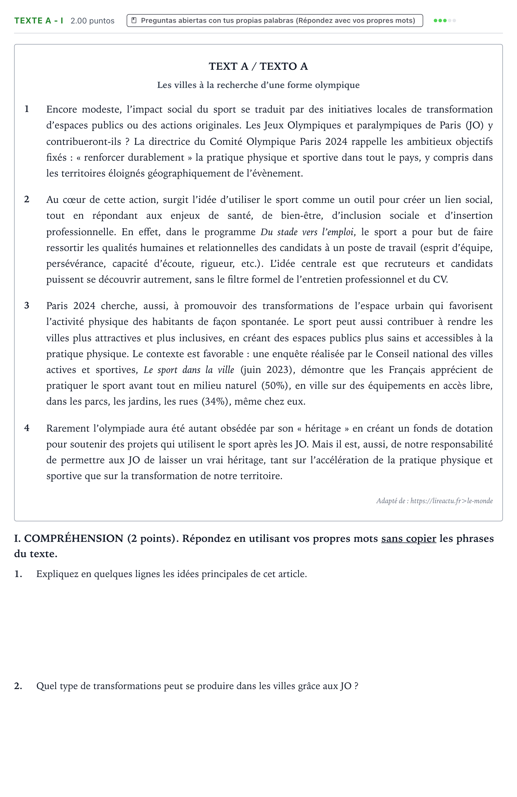 Enunciado: Ejercicio TEXTE A - I · Francés PAU Valencia Ordinaria 2024