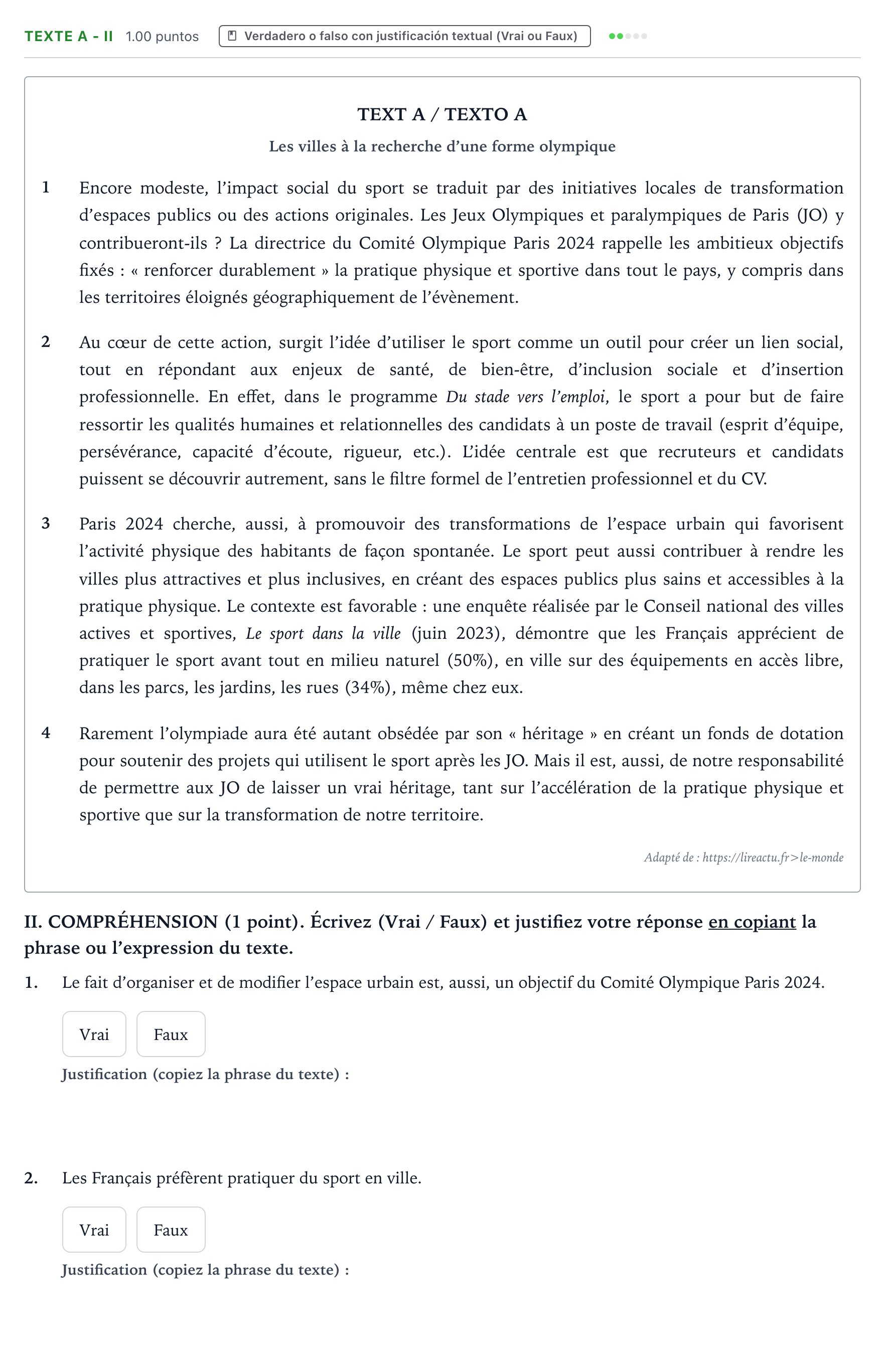 Enunciado: Ejercicio TEXTE A - II · Francés PAU Valencia Ordinaria 2024
