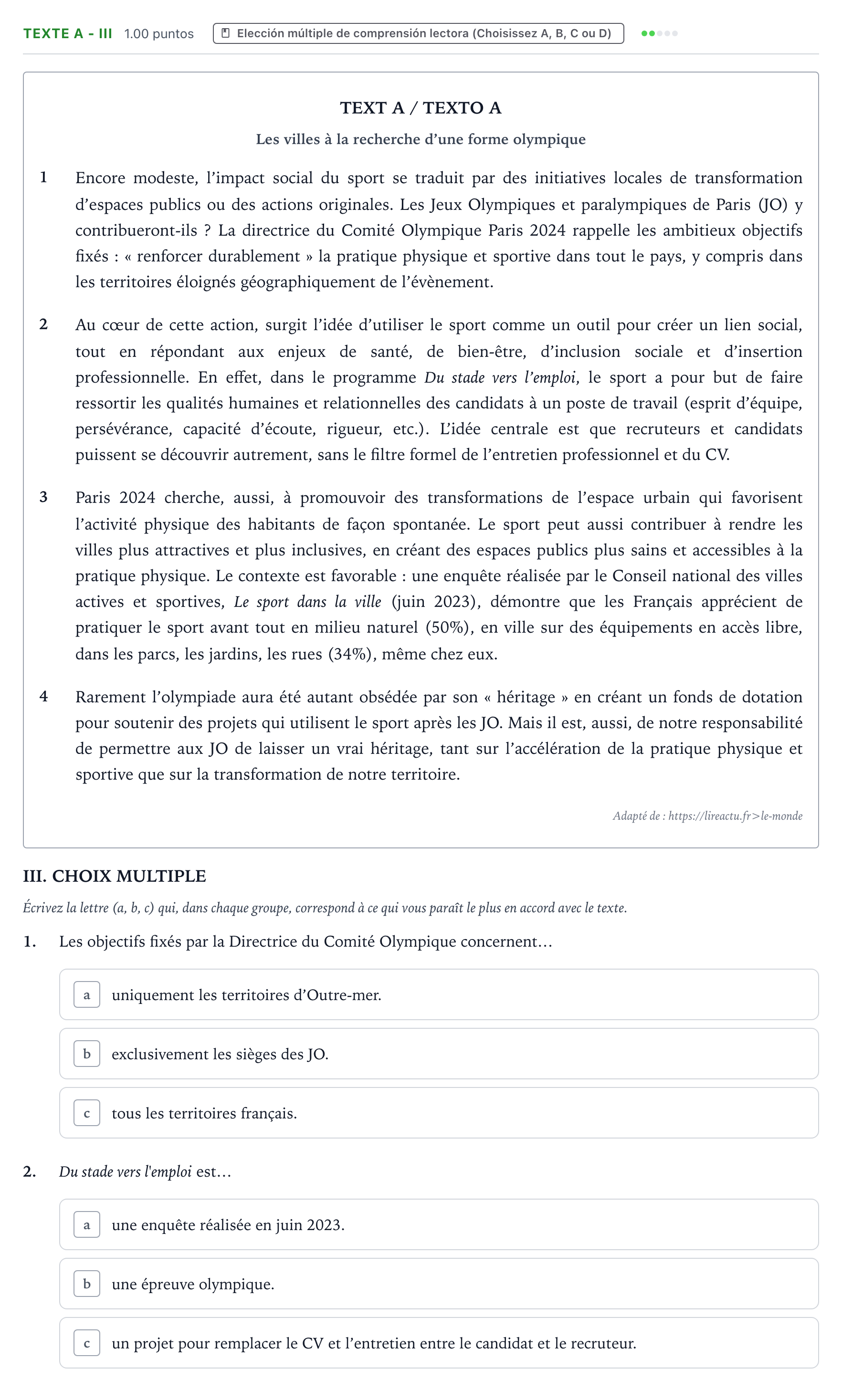 Enunciado: Ejercicio TEXTE A - III · Francés PAU Valencia Ordinaria 2024